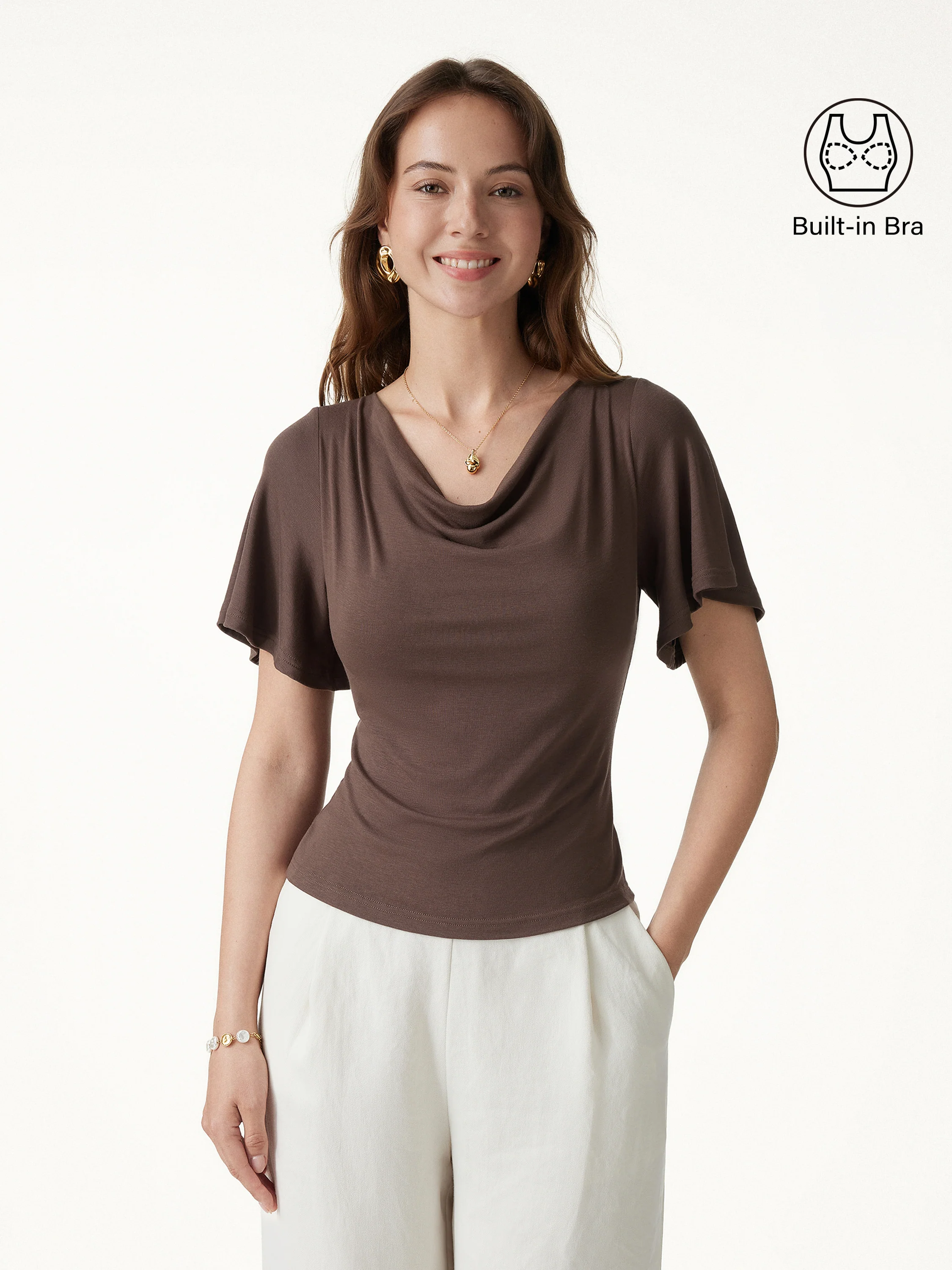 Cowl Neck Flutter Sleeve Bra Top