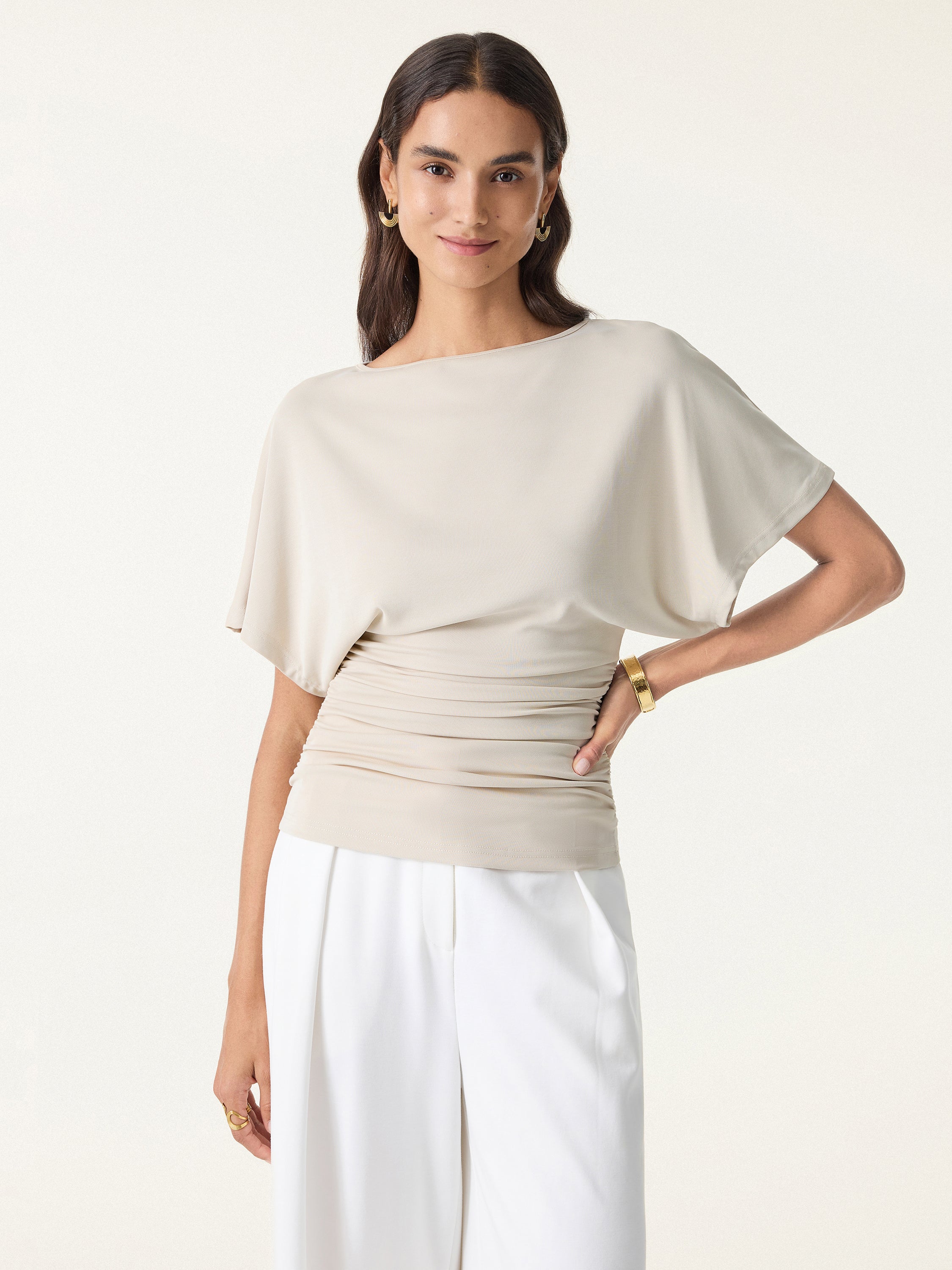 Effortless Boatneck Batwing Sleeve Side Ruched Top - Image 2