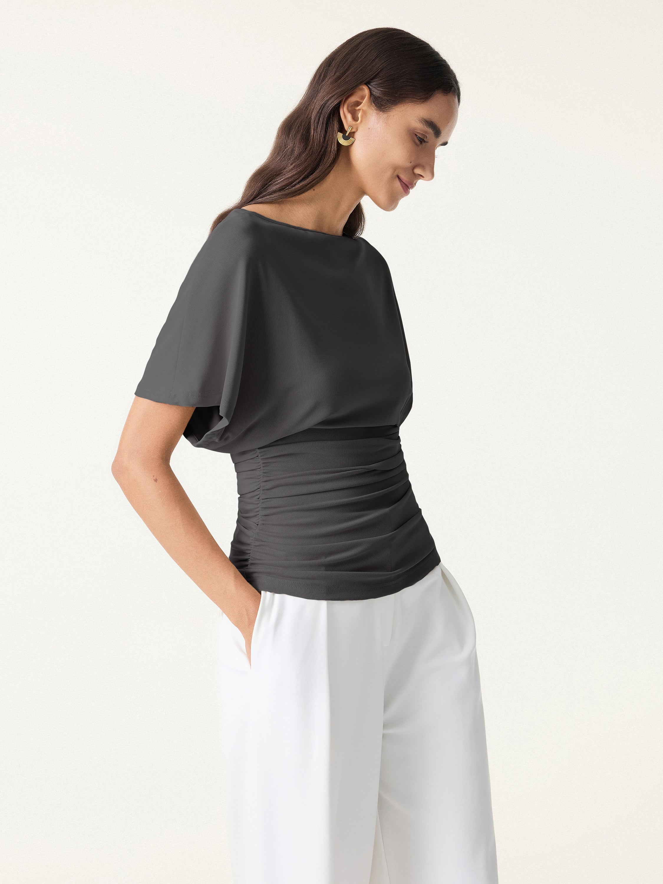 Effortless Boatneck Batwing Sleeve Side Ruched Top - Image 8