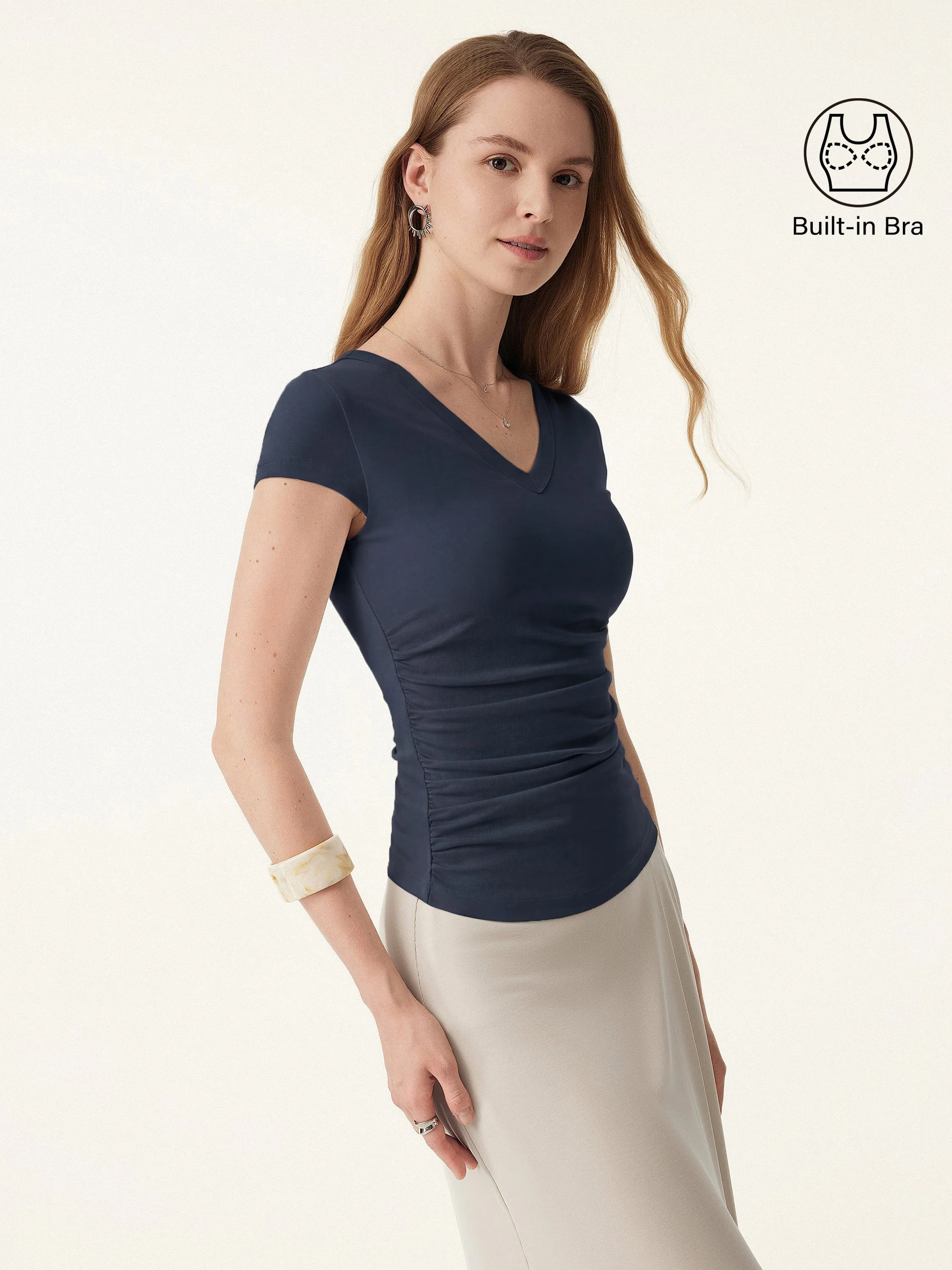 Elevated V-neck Side Ruched Cap Sleeve Bra Tee - Image 9