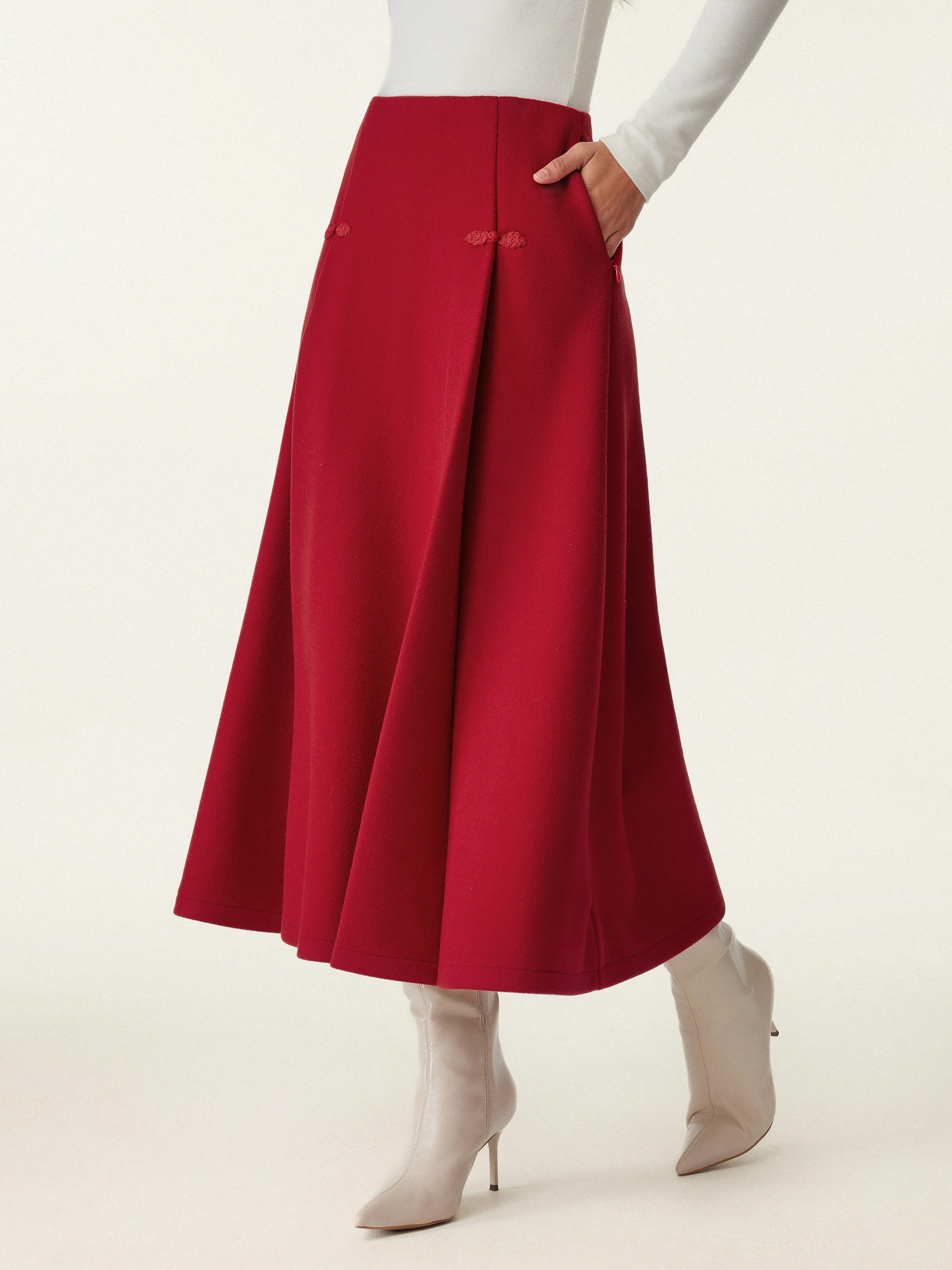 Wool-like Frog Button A-Line Midi Skirt Limited Edition - Image 3
