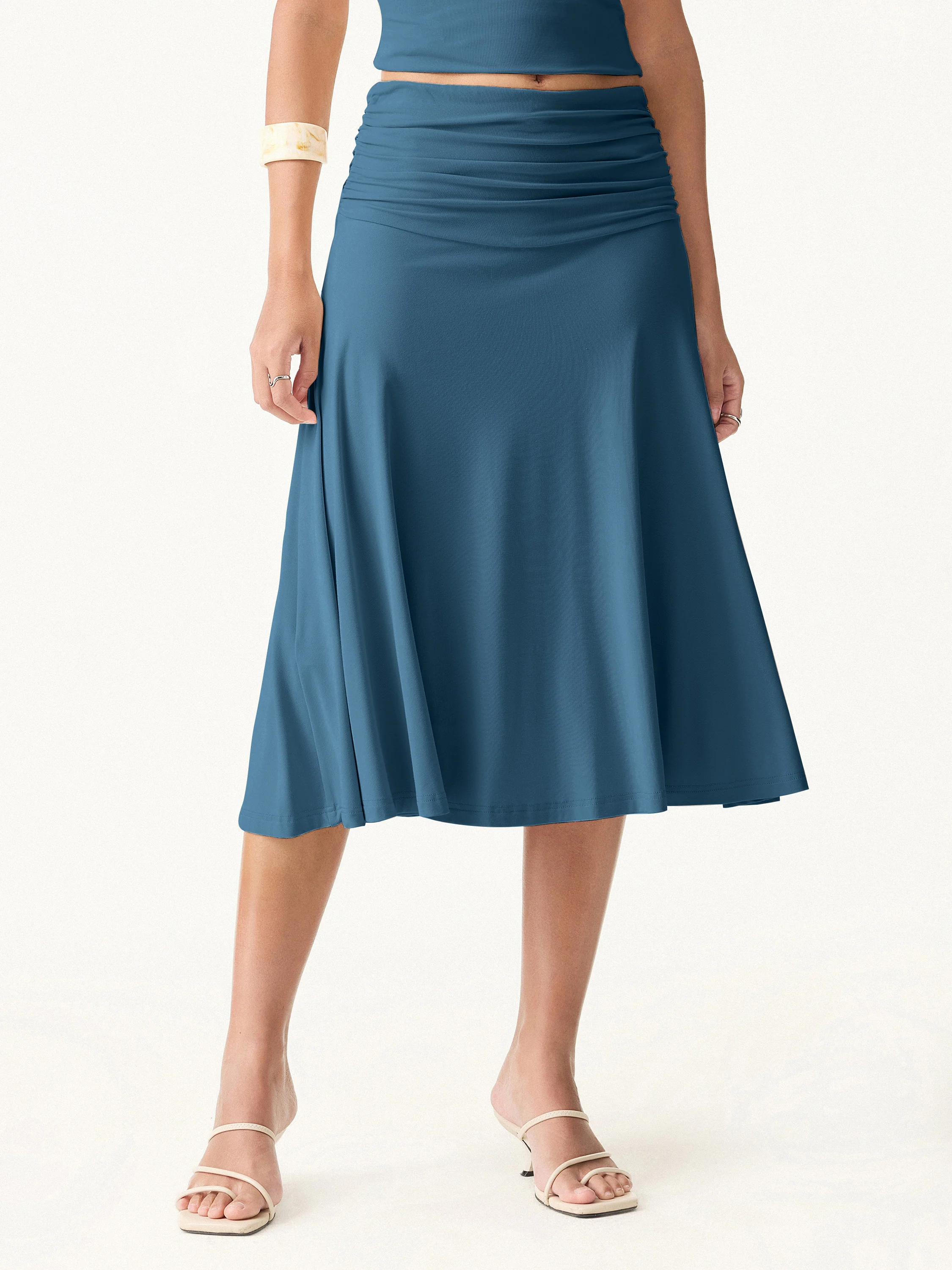 Flowy Side Ruched A-line Midi Skirt - Image 13