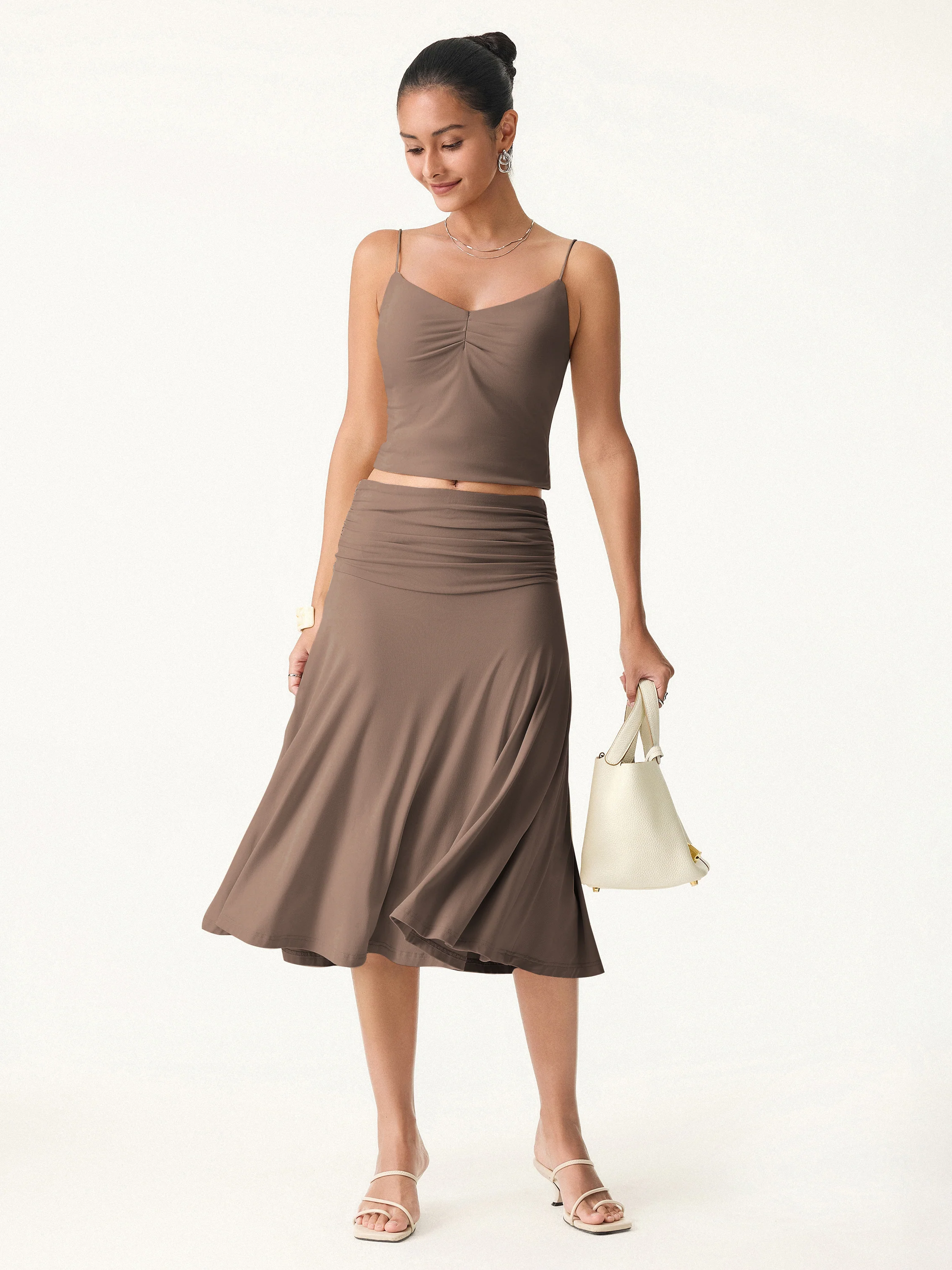 Flowy Side Ruched A-line Midi Skirt - Image 17