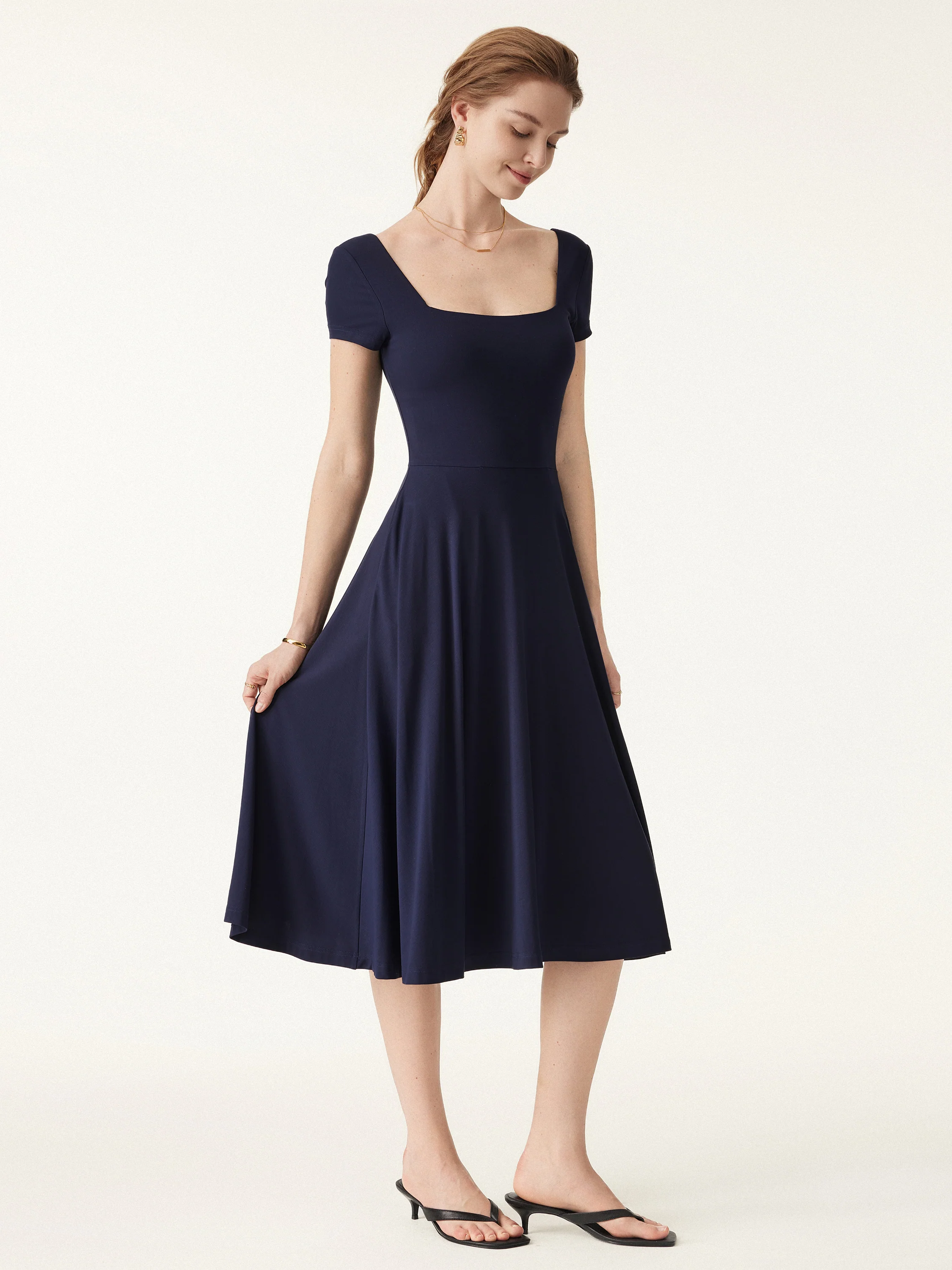 Flowy Square Neck Short Sleeve Midi Bra Dress - Image 2