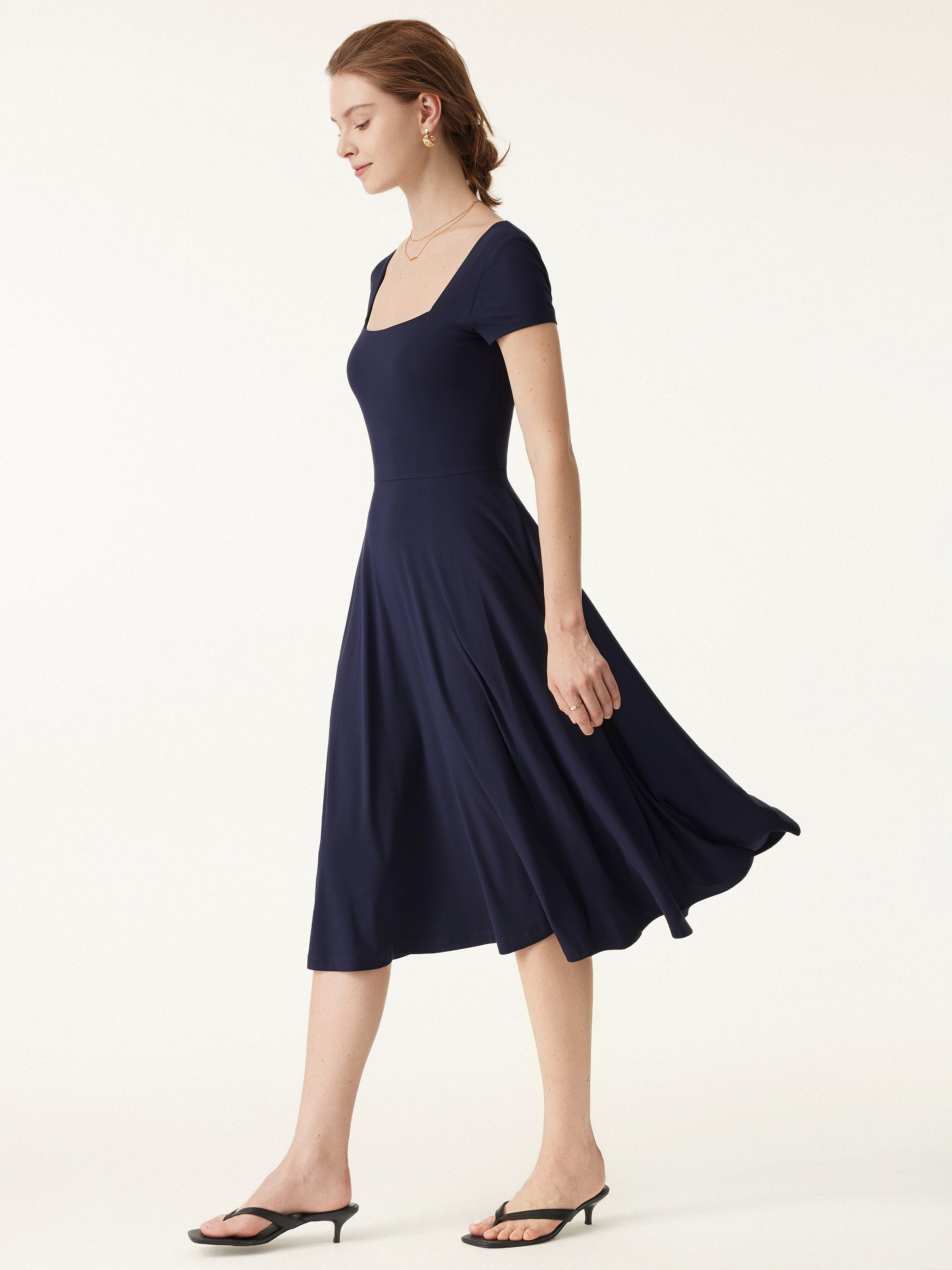 Flowy Square Neck Short Sleeve Midi Bra Dress - Image 3