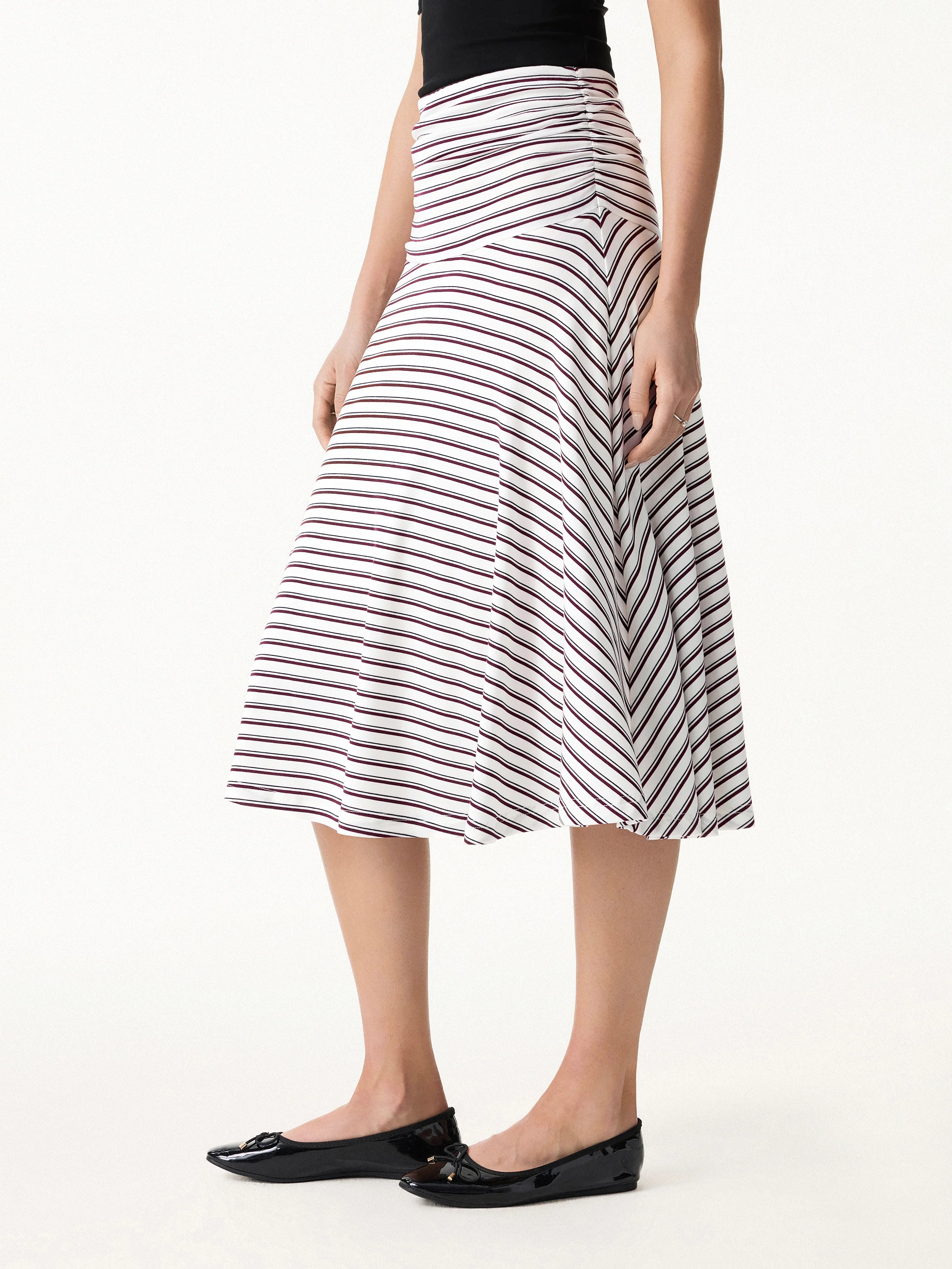 Flowy Striped Circle Flare Ruched Midi Skirt - Image 4