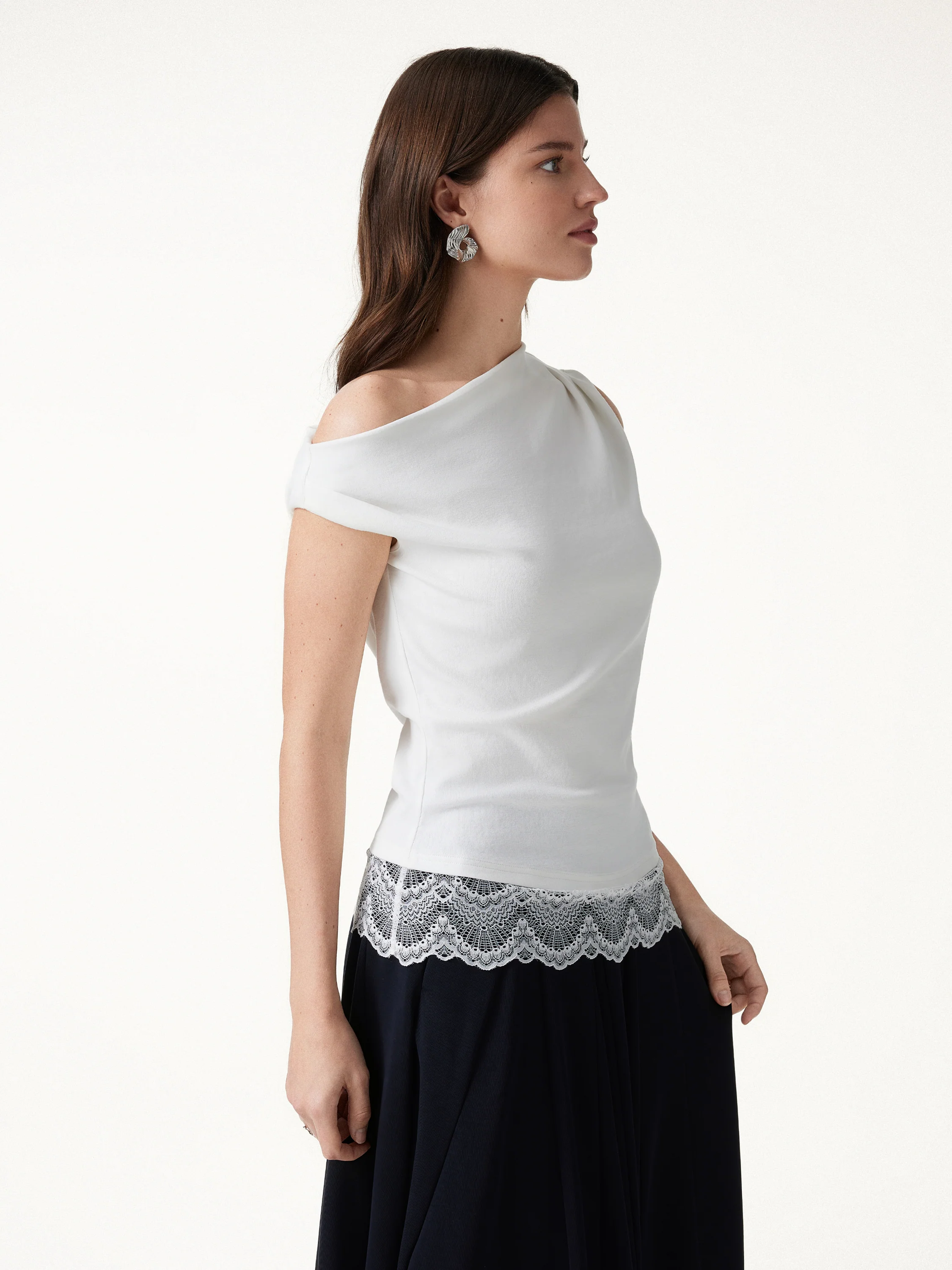 Lace Trim Cotton Lyocell Asymmetrical Shoulder Top - Image 11