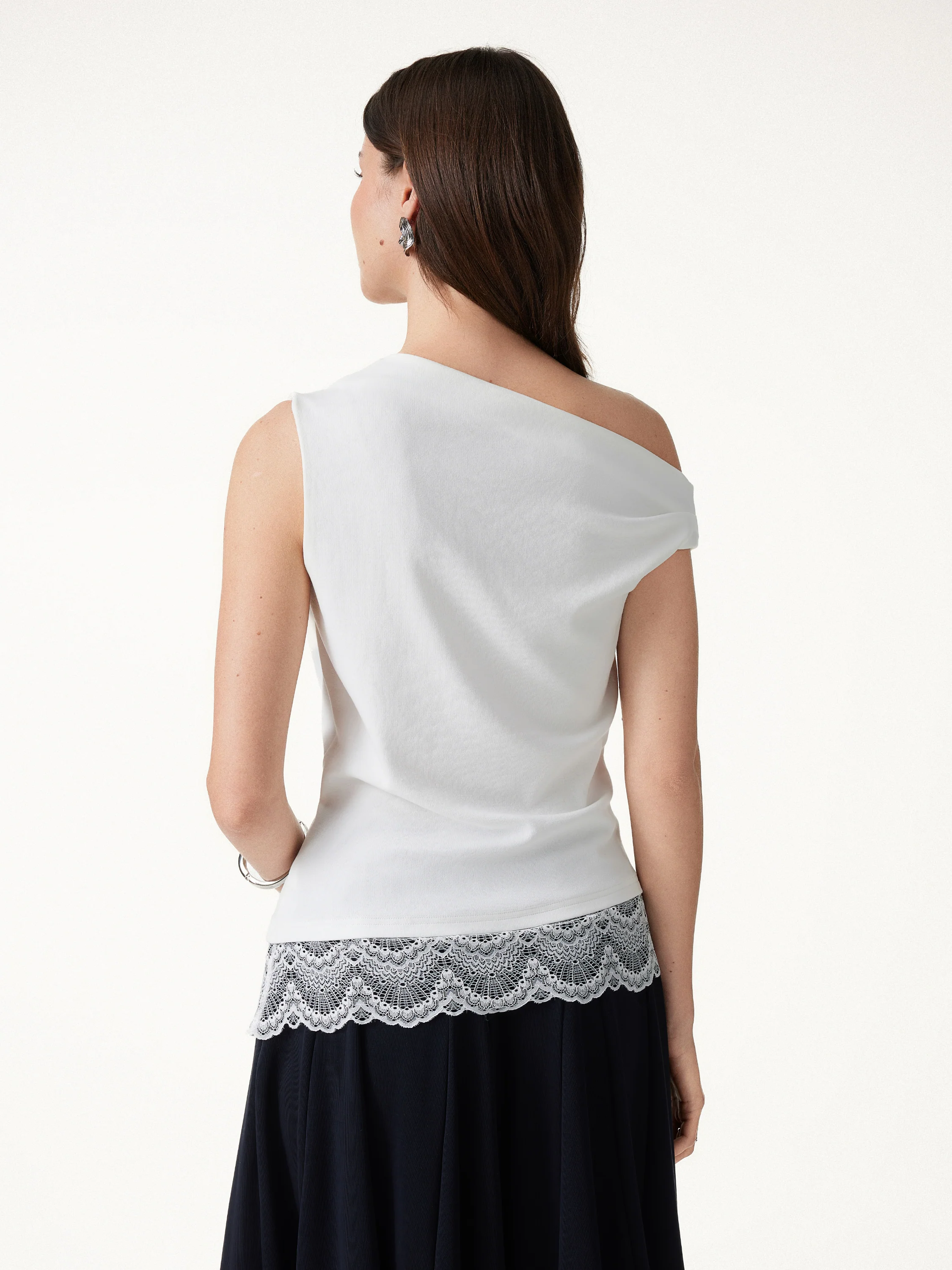 Lace Trim Cotton Lyocell Asymmetrical Shoulder Top - Image 12