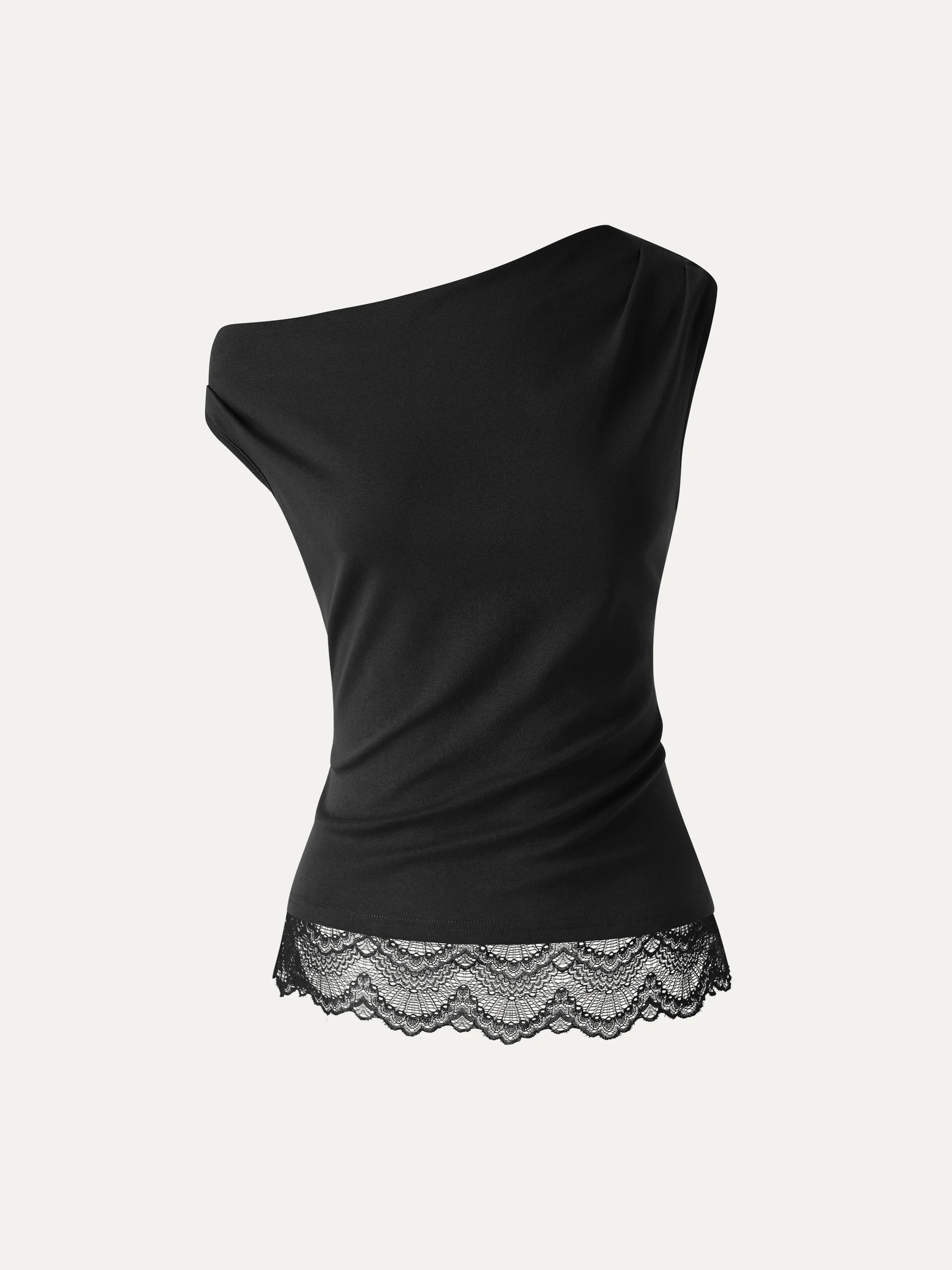 Lace Trim Cotton Lyocell Asymmetrical Shoulder Top - Image 17