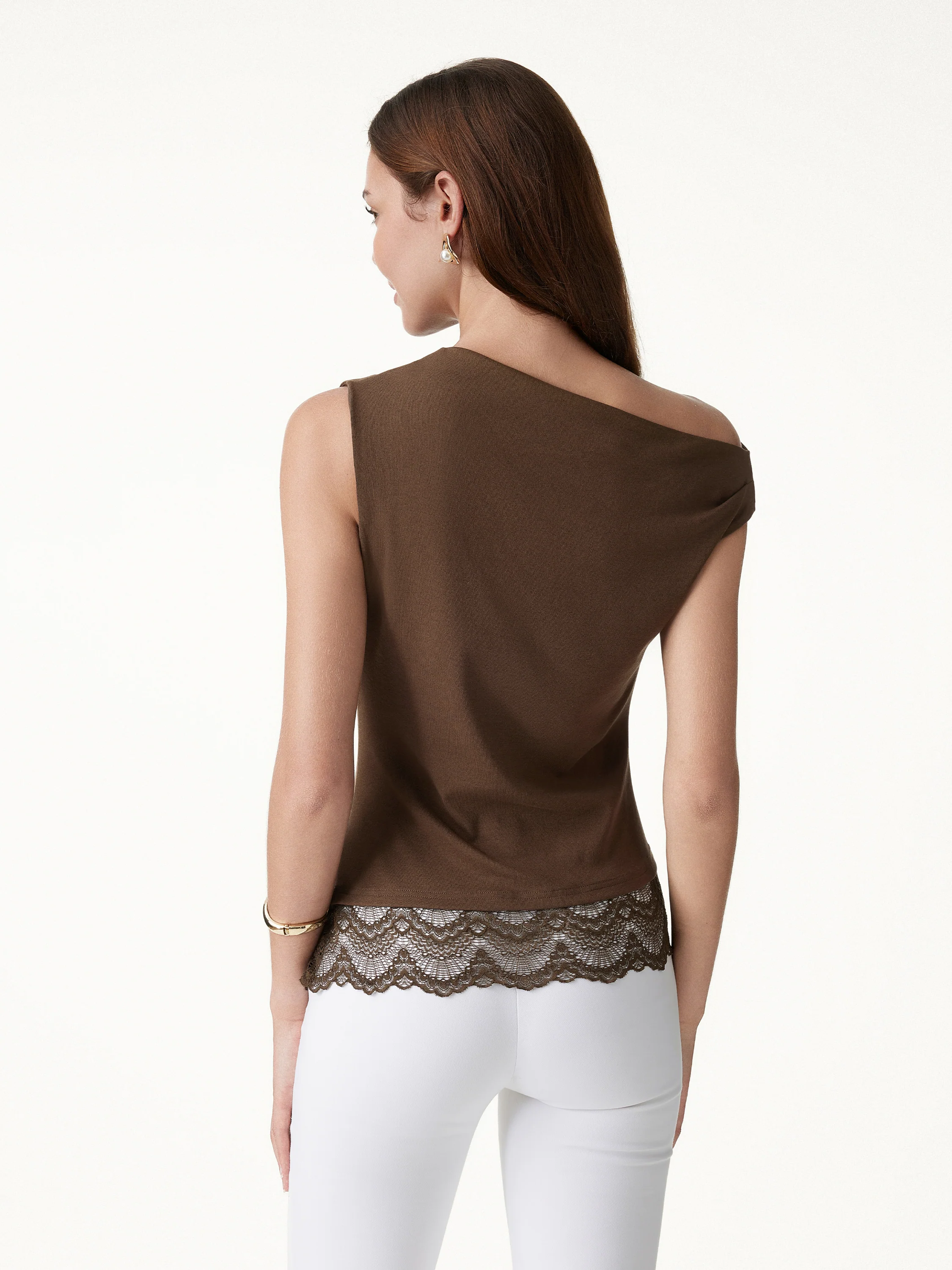 Lace Trim Cotton Lyocell Asymmetrical Shoulder Top - Image 3