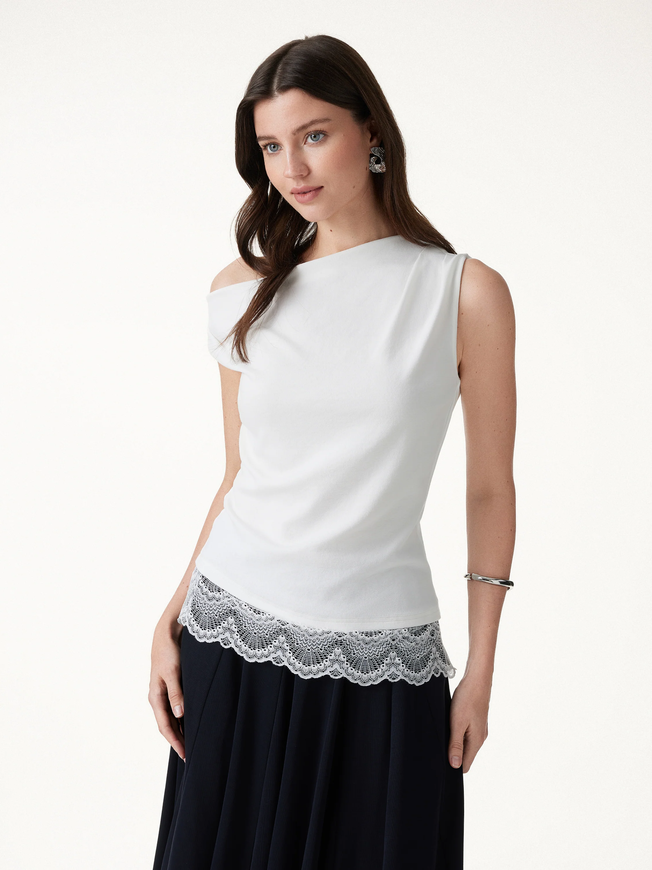 Lace Trim Cotton Lyocell Asymmetrical Shoulder Top - Image 7