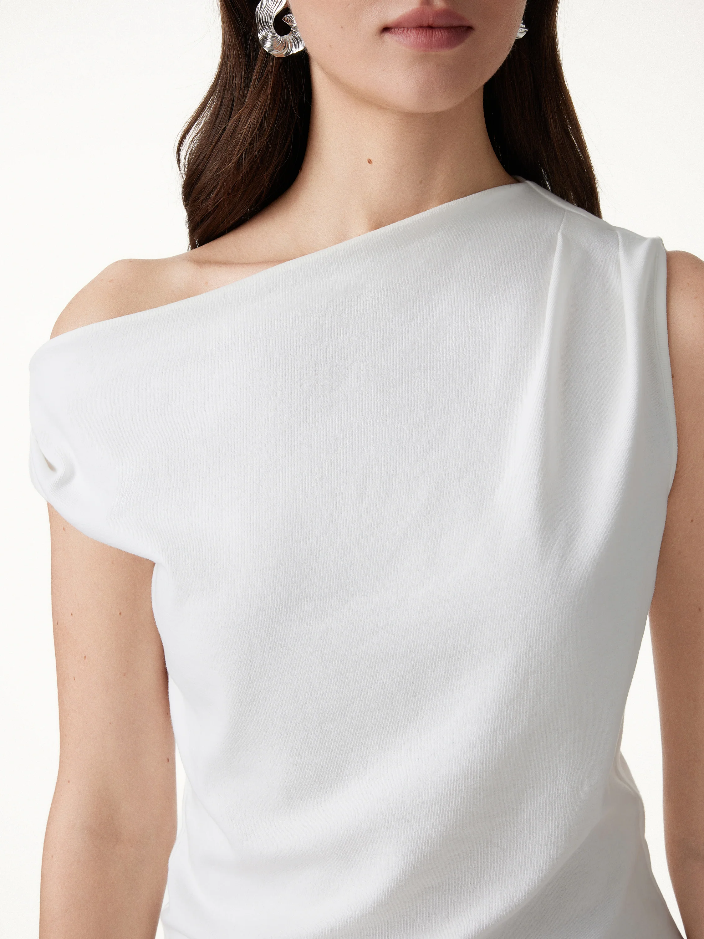 Lace Trim Cotton Lyocell Asymmetrical Shoulder Top - Image 9