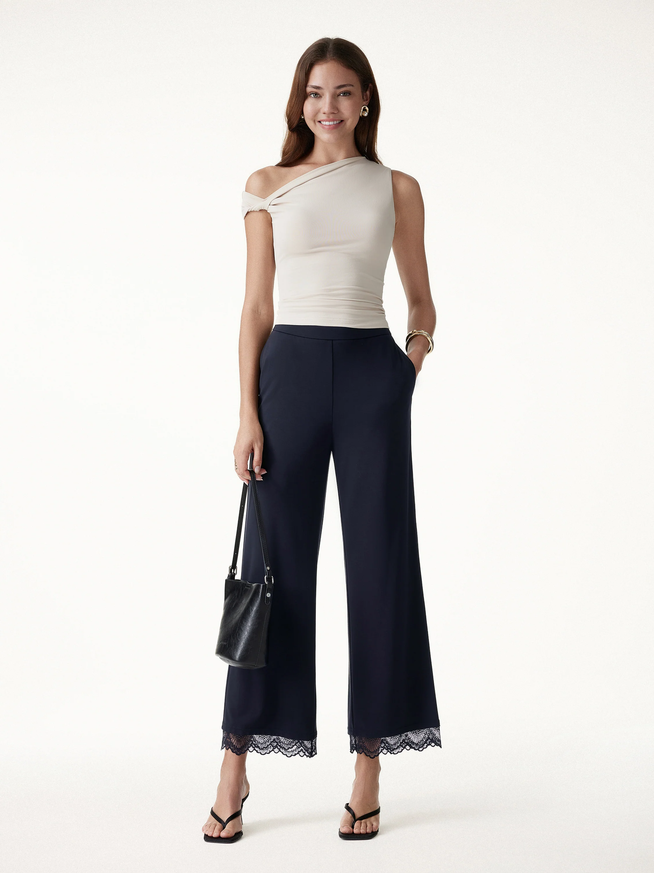 Lace Trim Draped Mid Rise Wide Leg Pants with Pockets - Image 3