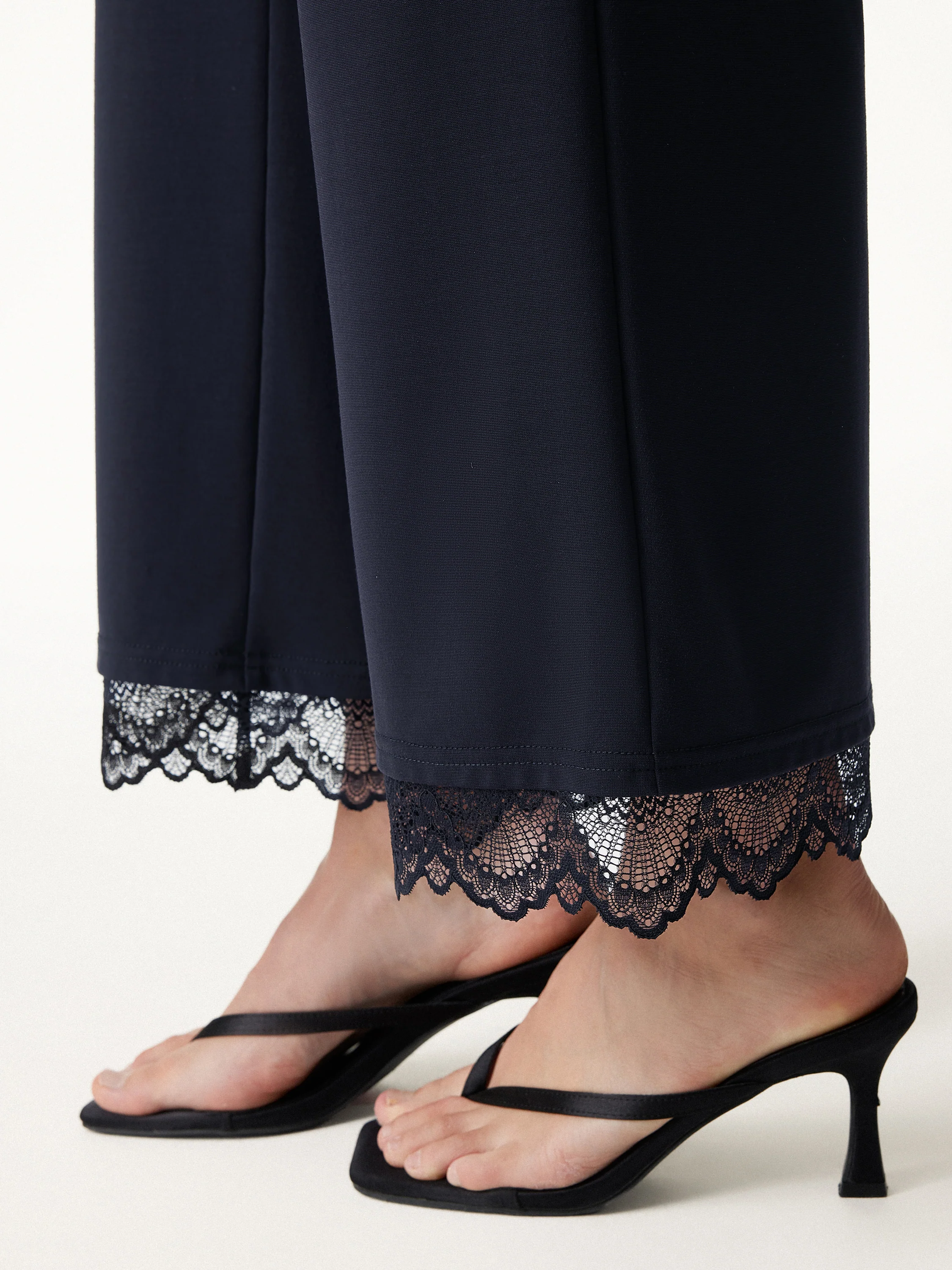 Lace Trim Draped Mid Rise Wide Leg Pants with Pockets - Image 6