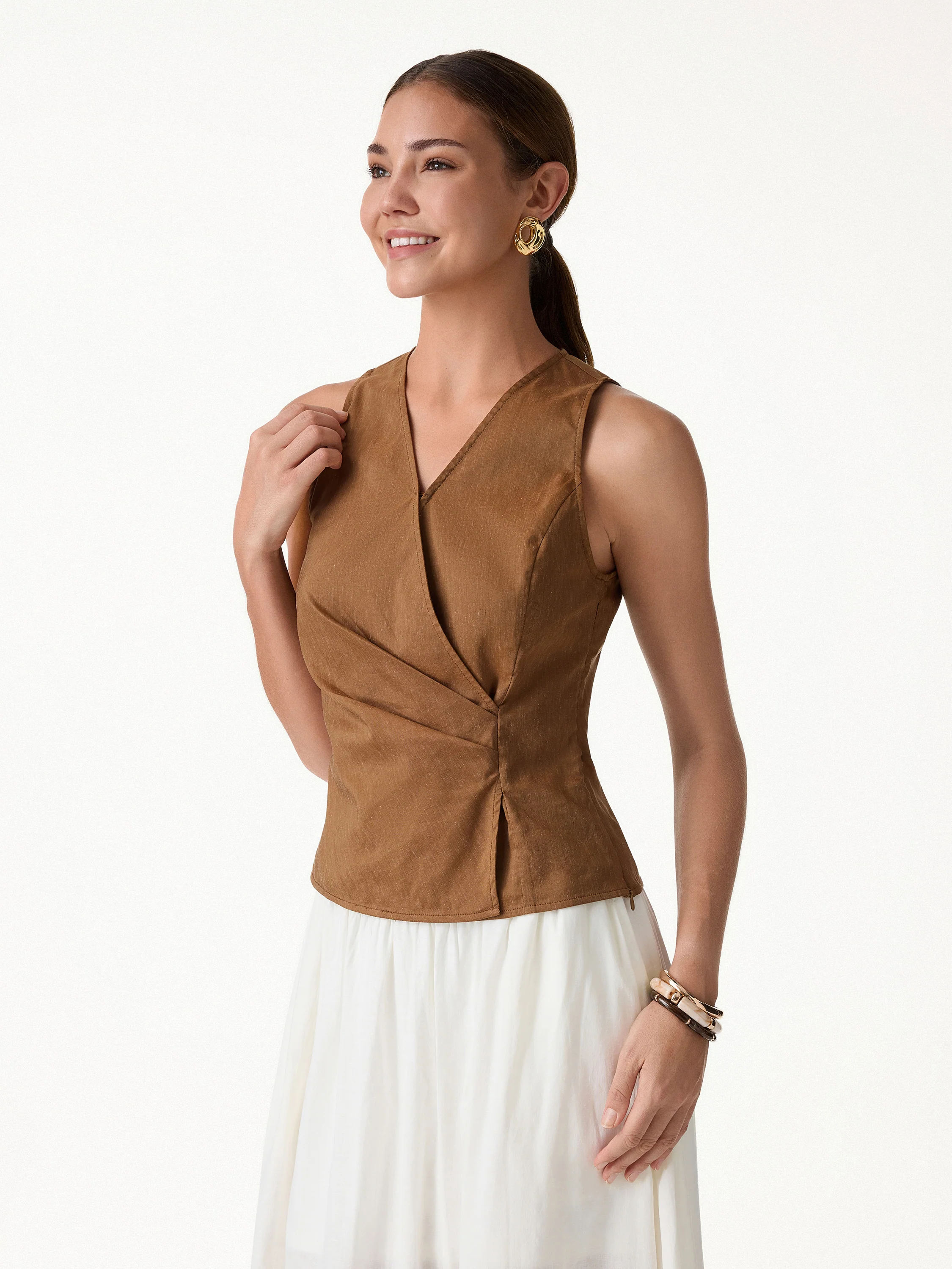 Linen Blend Surplice Top with Side Twist - Image 3