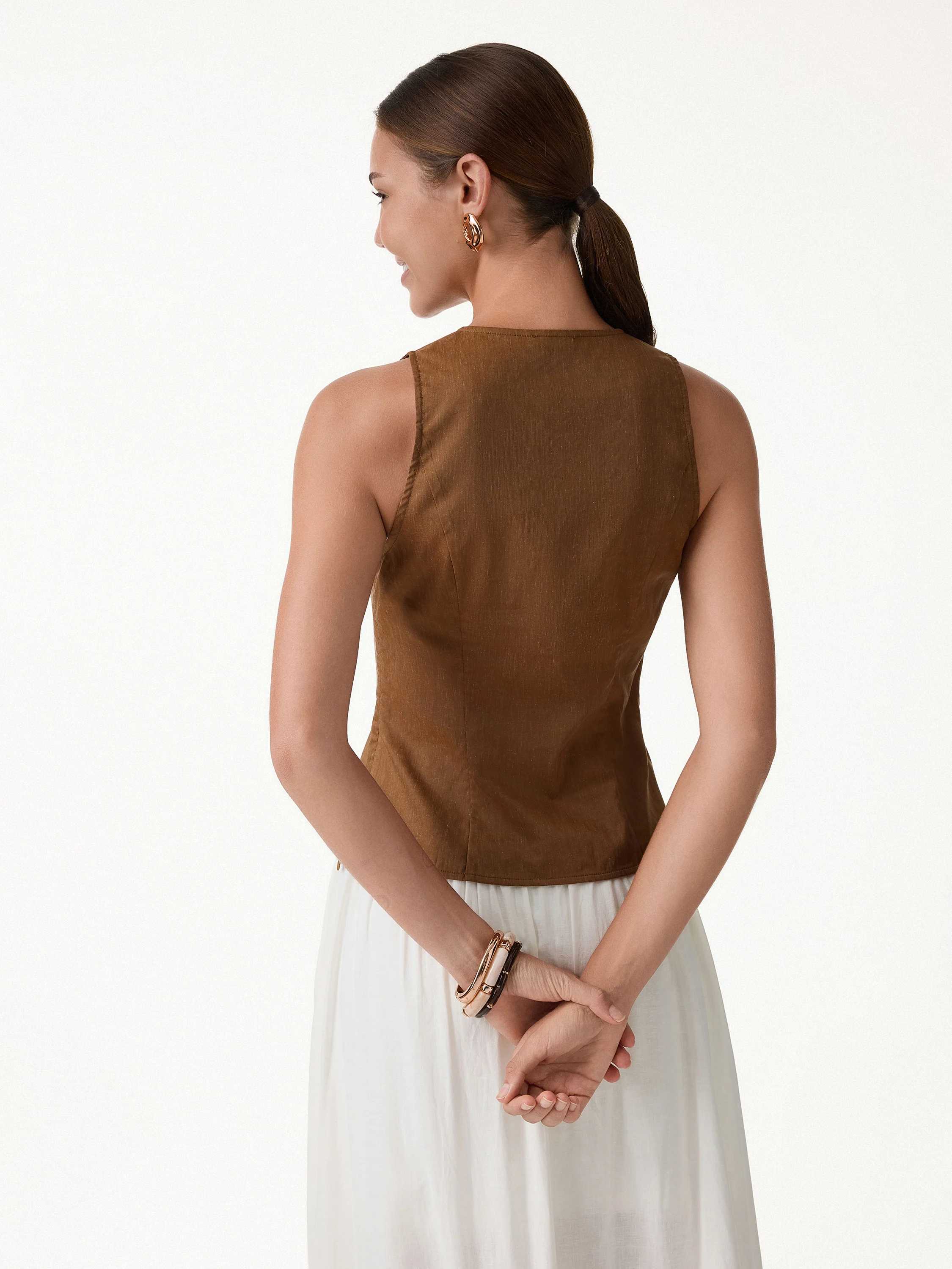 Linen Blend Surplice Top with Side Twist - Image 4