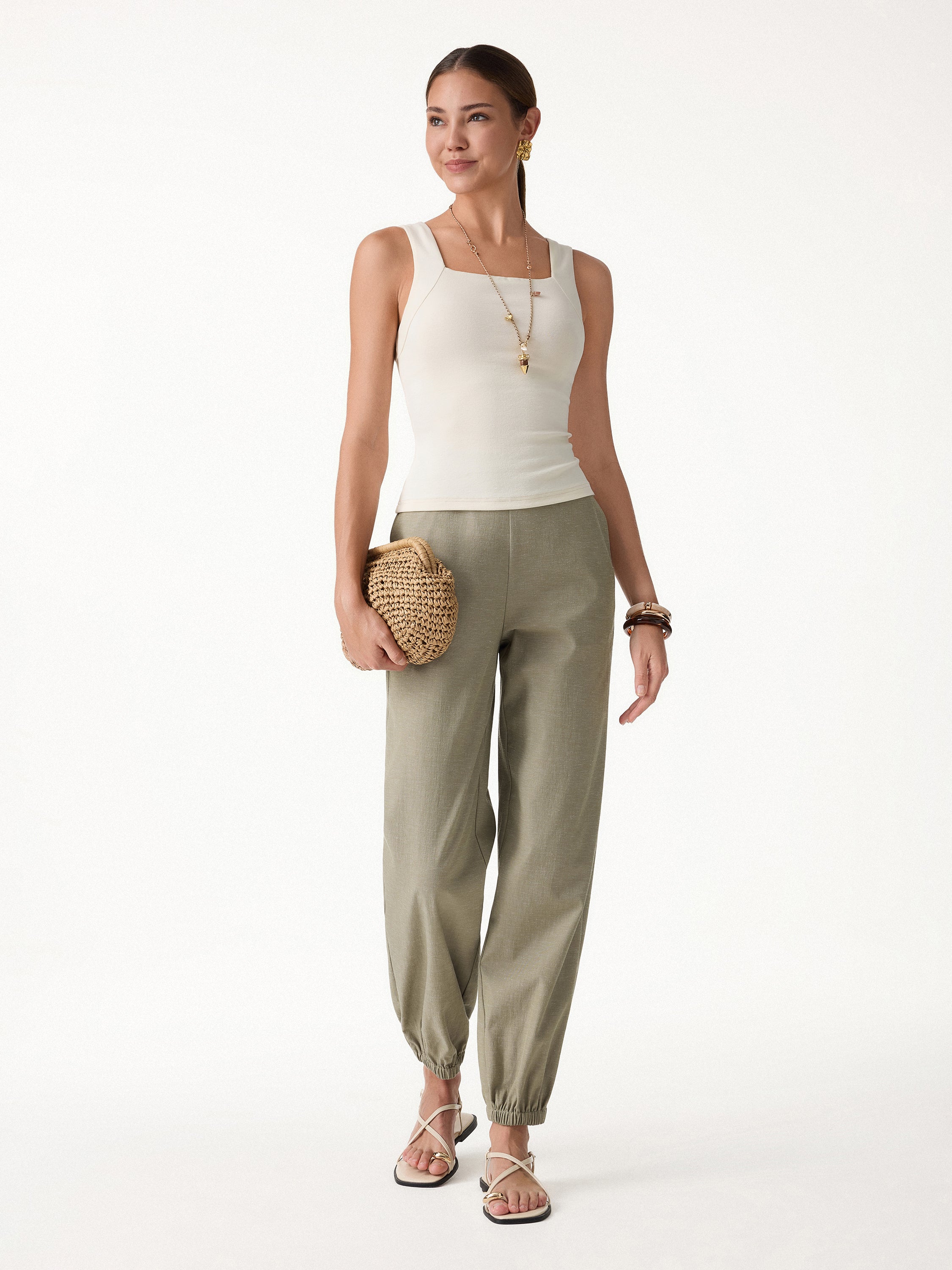 Linen-like High-Rise Balloon Jogger Pants with Pockets - Image 2