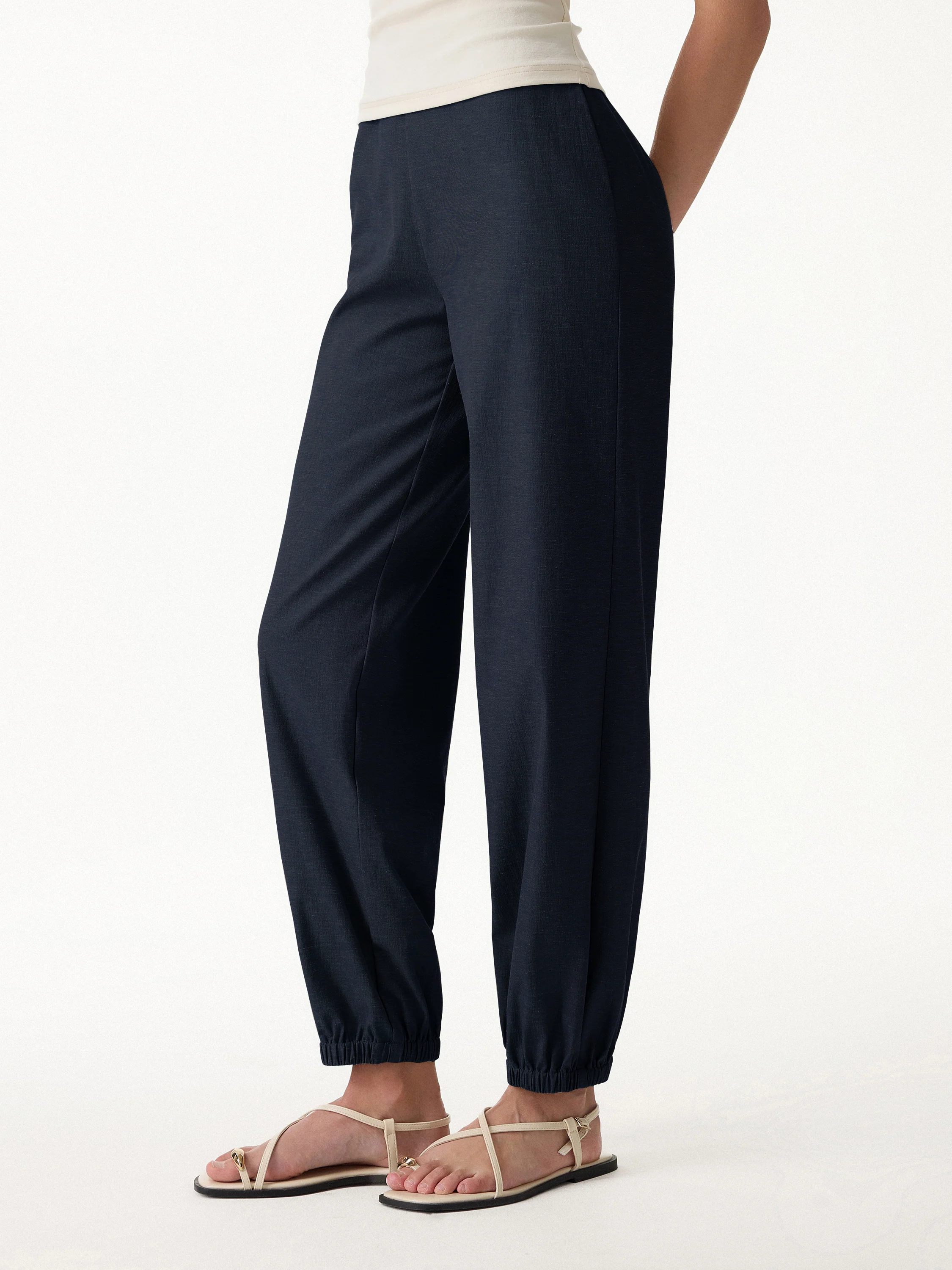 Linen-like High-Rise Balloon Jogger Pants with Pockets - Image 8