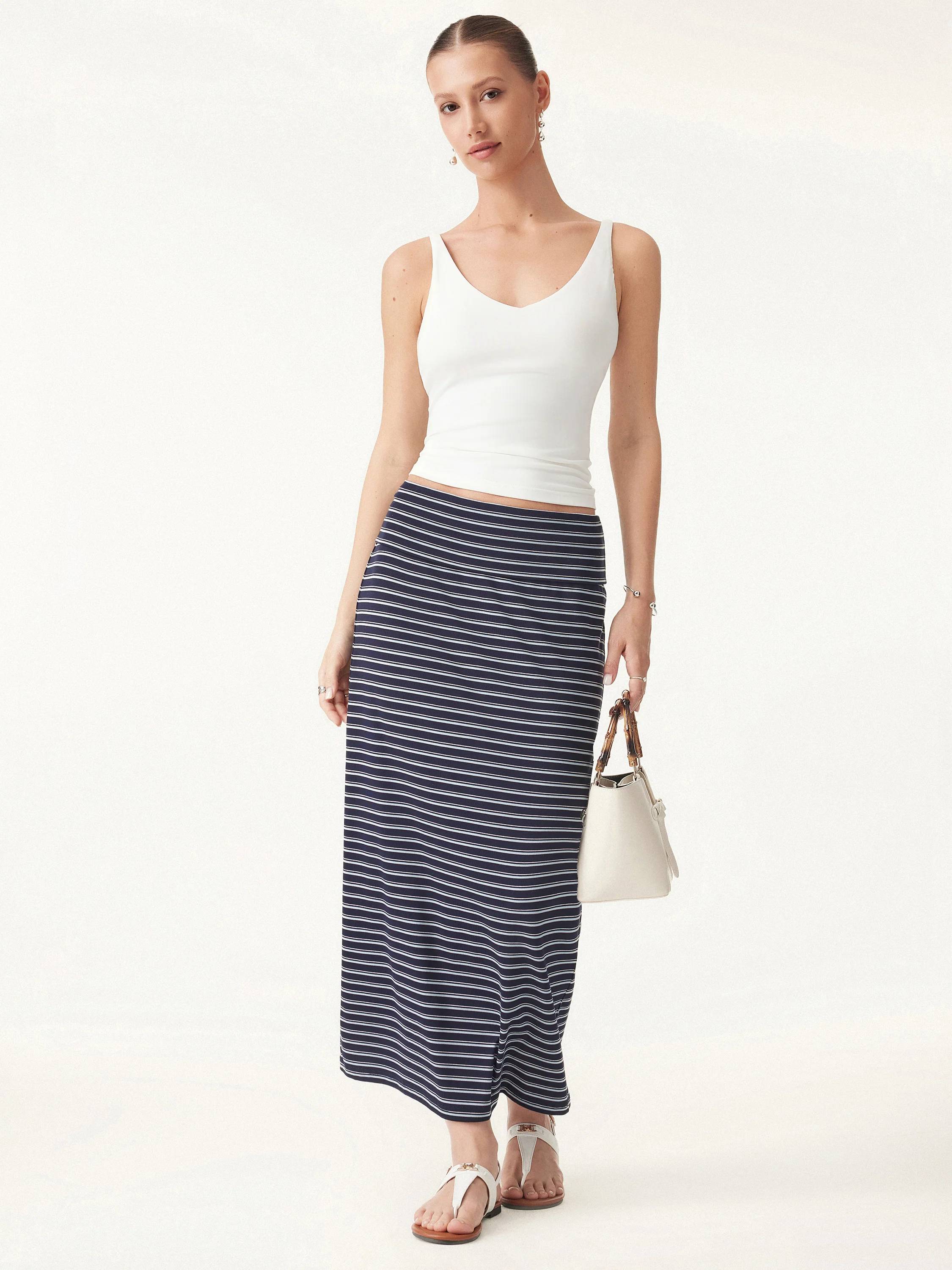 Low Rise Folded Waist Striped Midi Skirt - Image 2