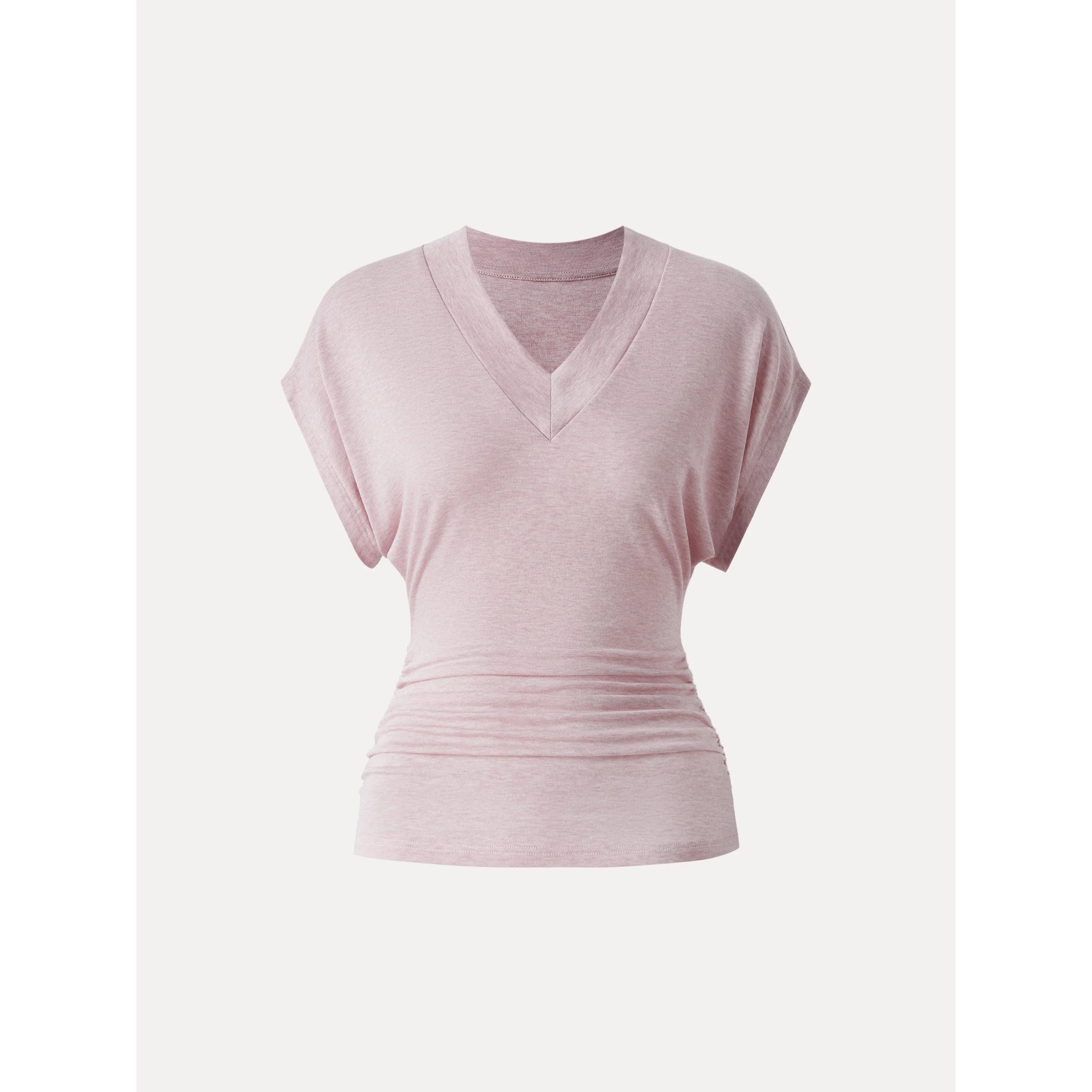 Semi-sheer Lyocell Cashmere Blend V-neck Short Sleeve Side Ruched Tee - Image 10