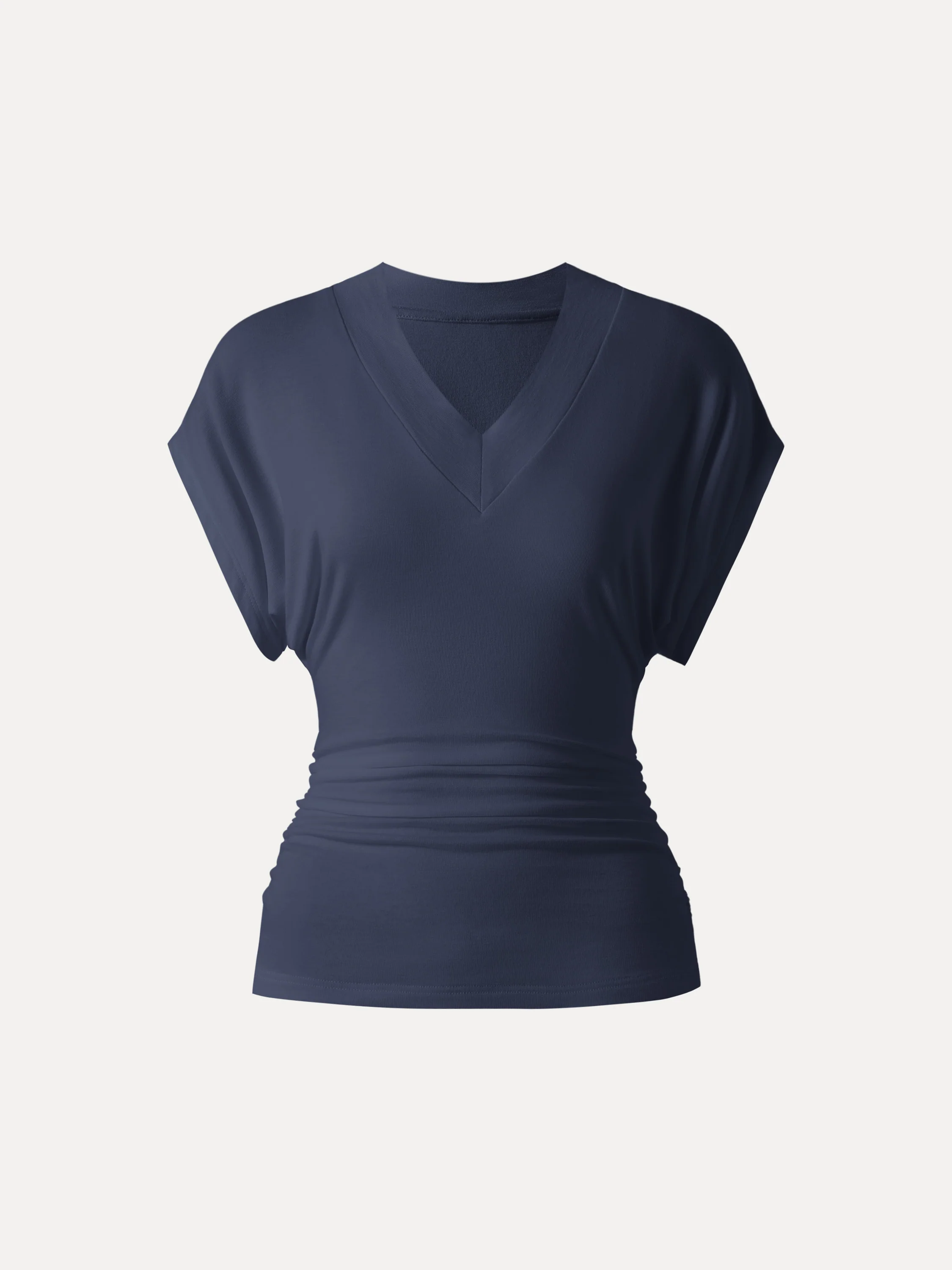 Semi-sheer Lyocell Cashmere Blend V-neck Short Sleeve Side Ruched Tee - Image 11