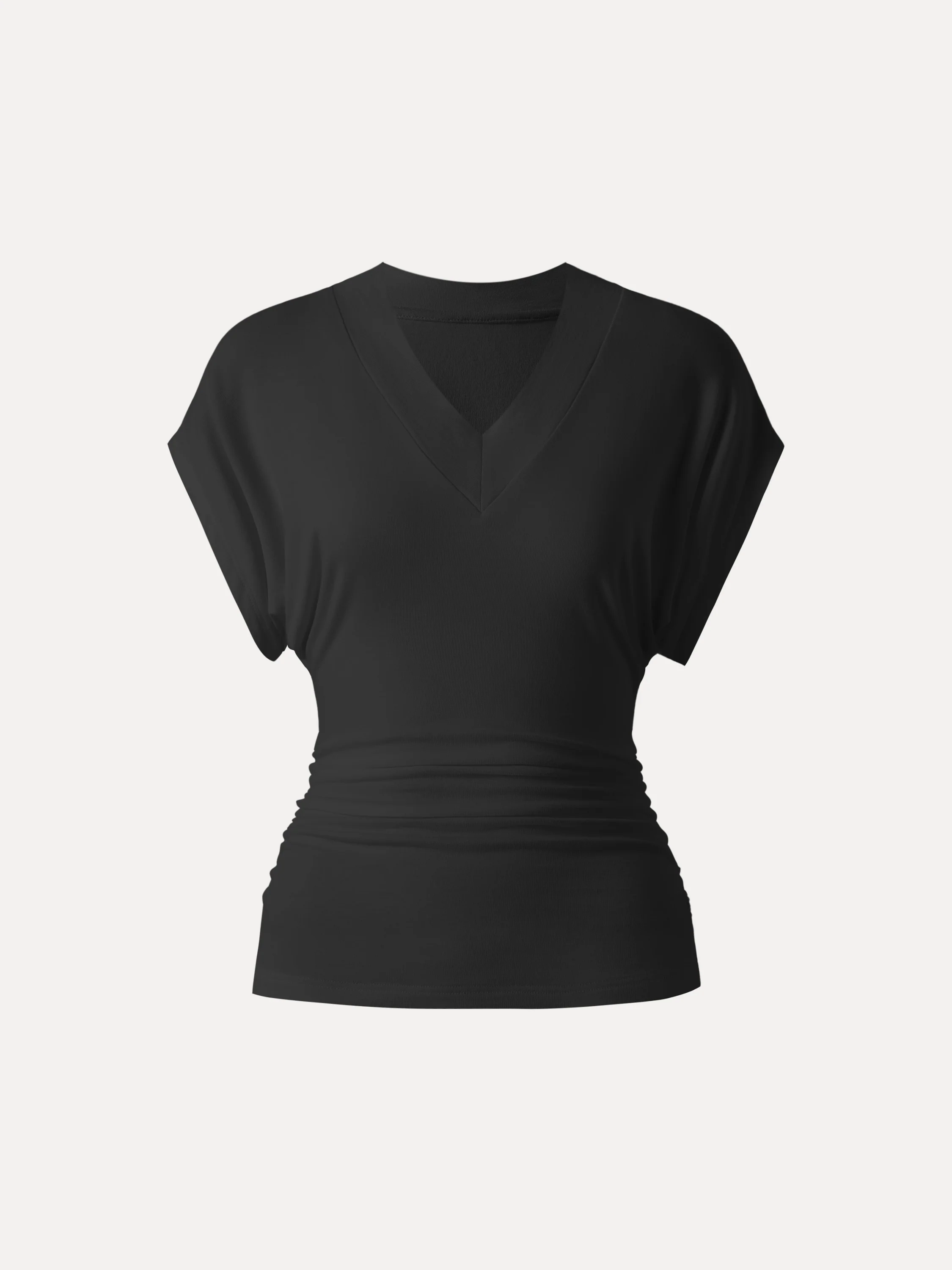 Semi-sheer Lyocell Cashmere Blend V-neck Short Sleeve Side Ruched Tee - Image 12