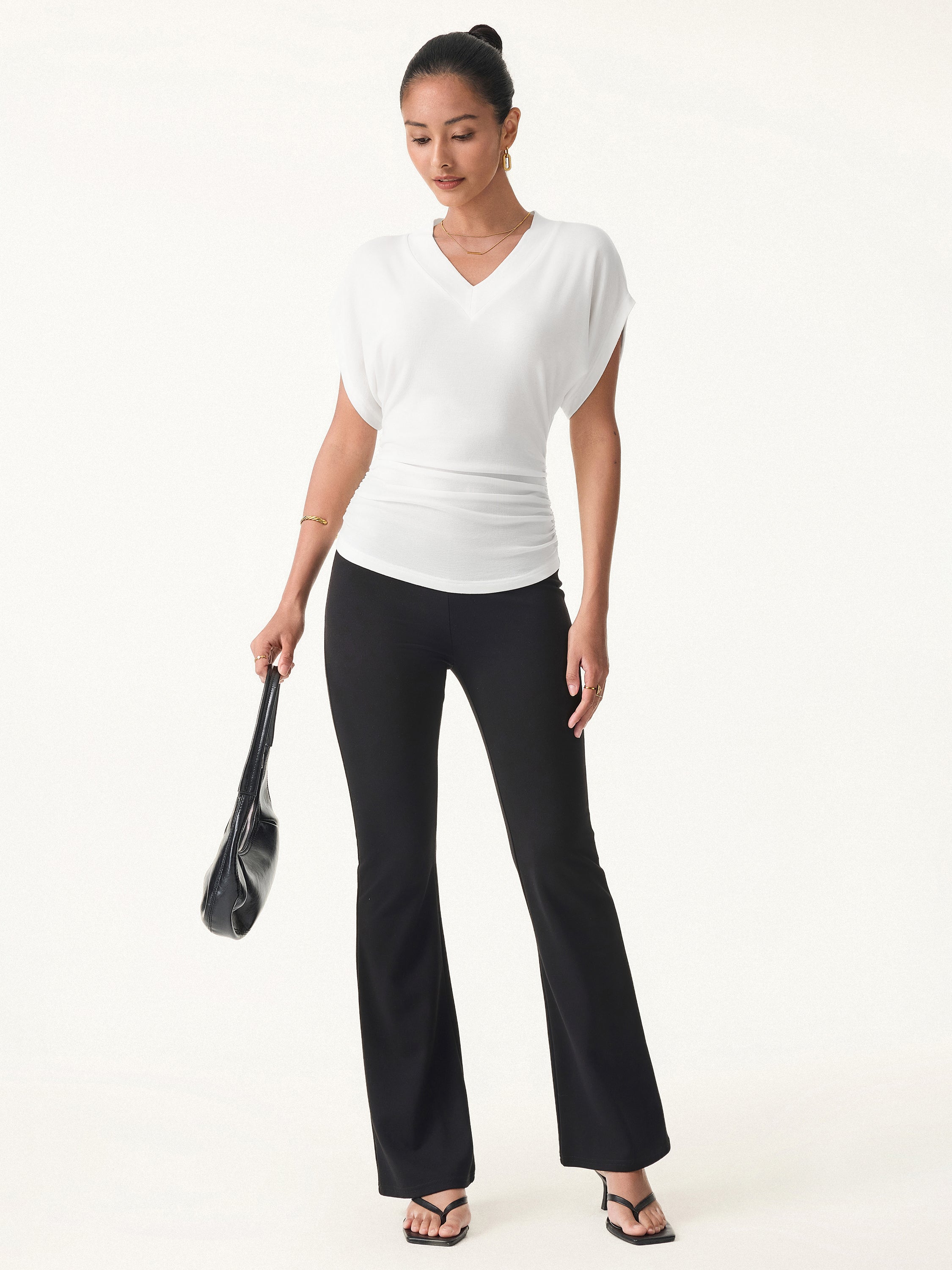 Semi-sheer Lyocell Cashmere Blend V-neck Short Sleeve Side Ruched Tee - Image 2