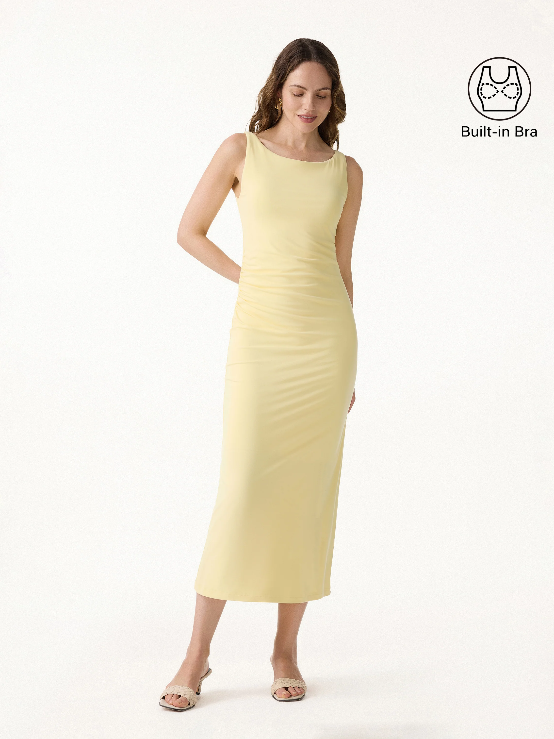 Matte Smooth Boatneck Ruched Midi Bra Dress - Image 2