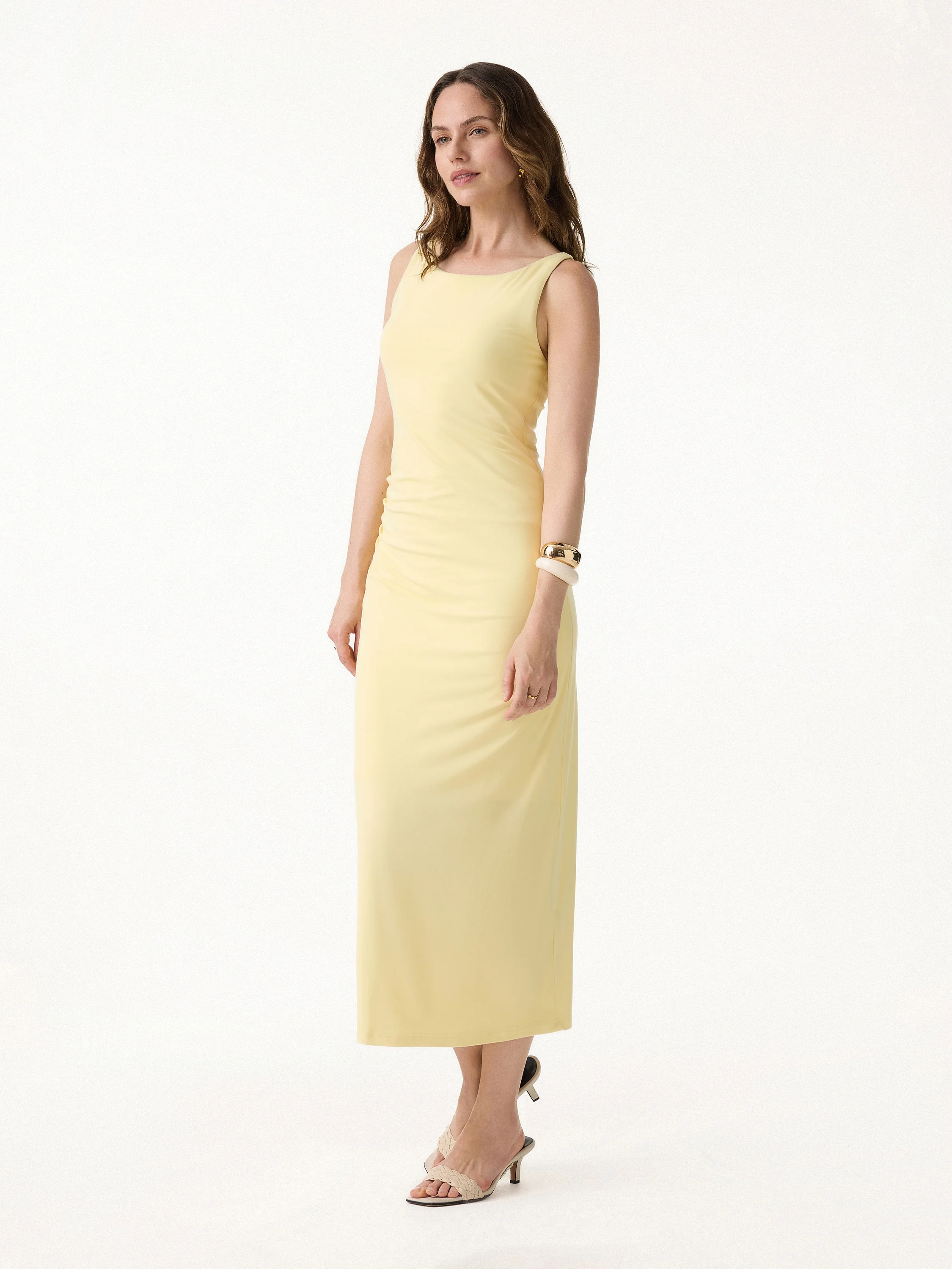 Matte Smooth Boatneck Ruched Midi Bra Dress - Image 3