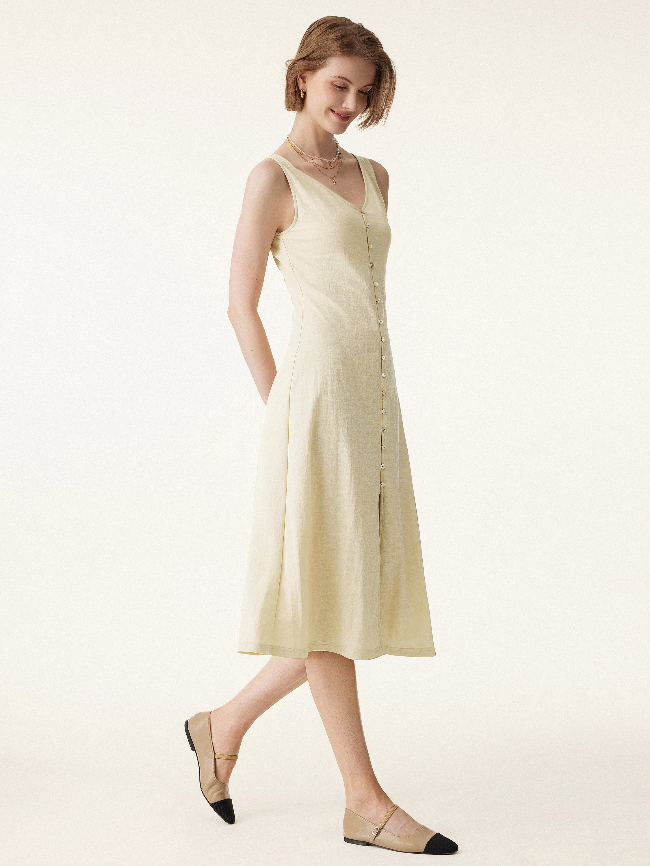 Multi-wear V-neck Button Front Midi Vest Dress - Image 3