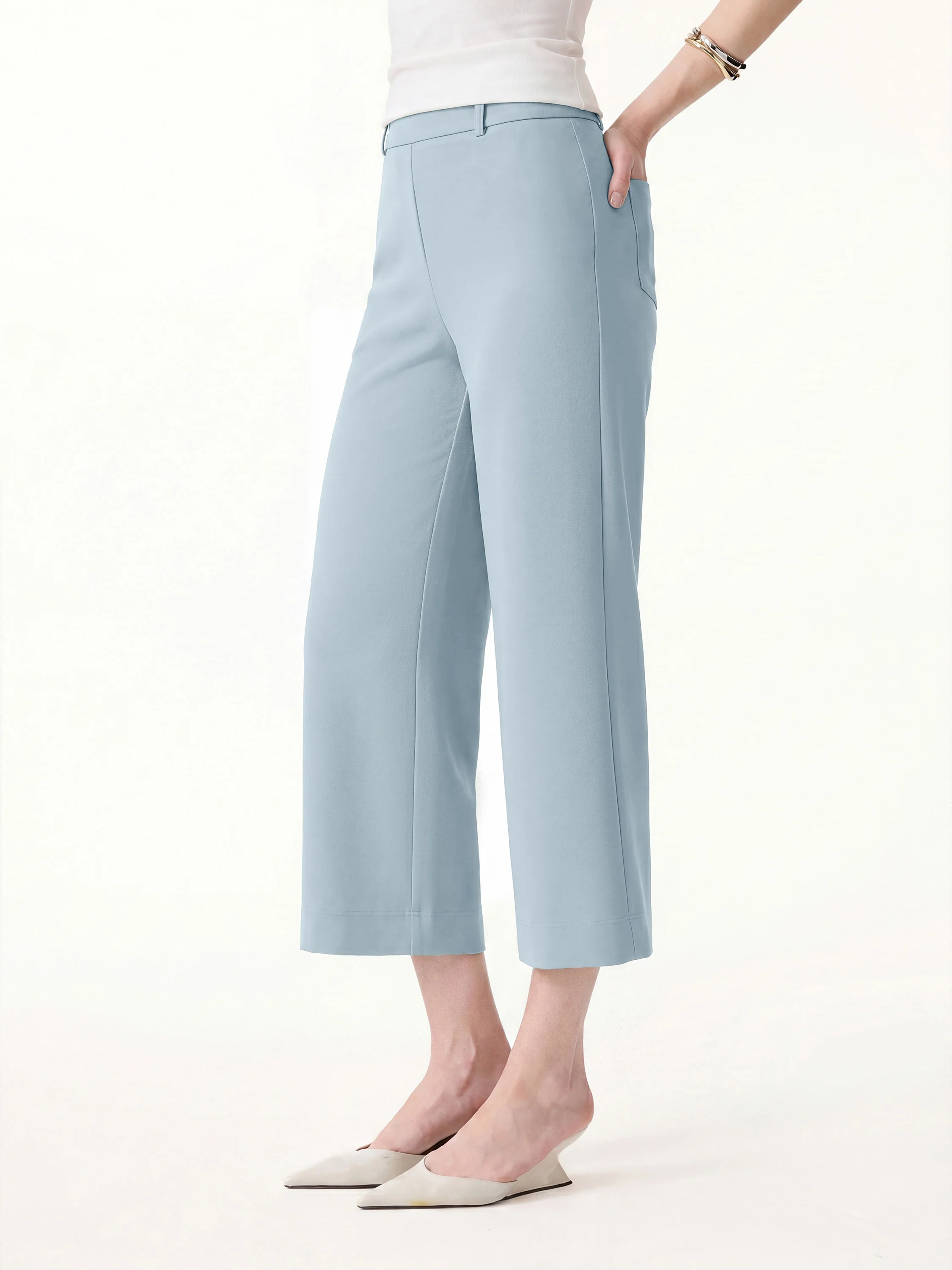 Not-See-Thru Mid Rise Cropped Wide Leg Pants with Pockets - Image 12