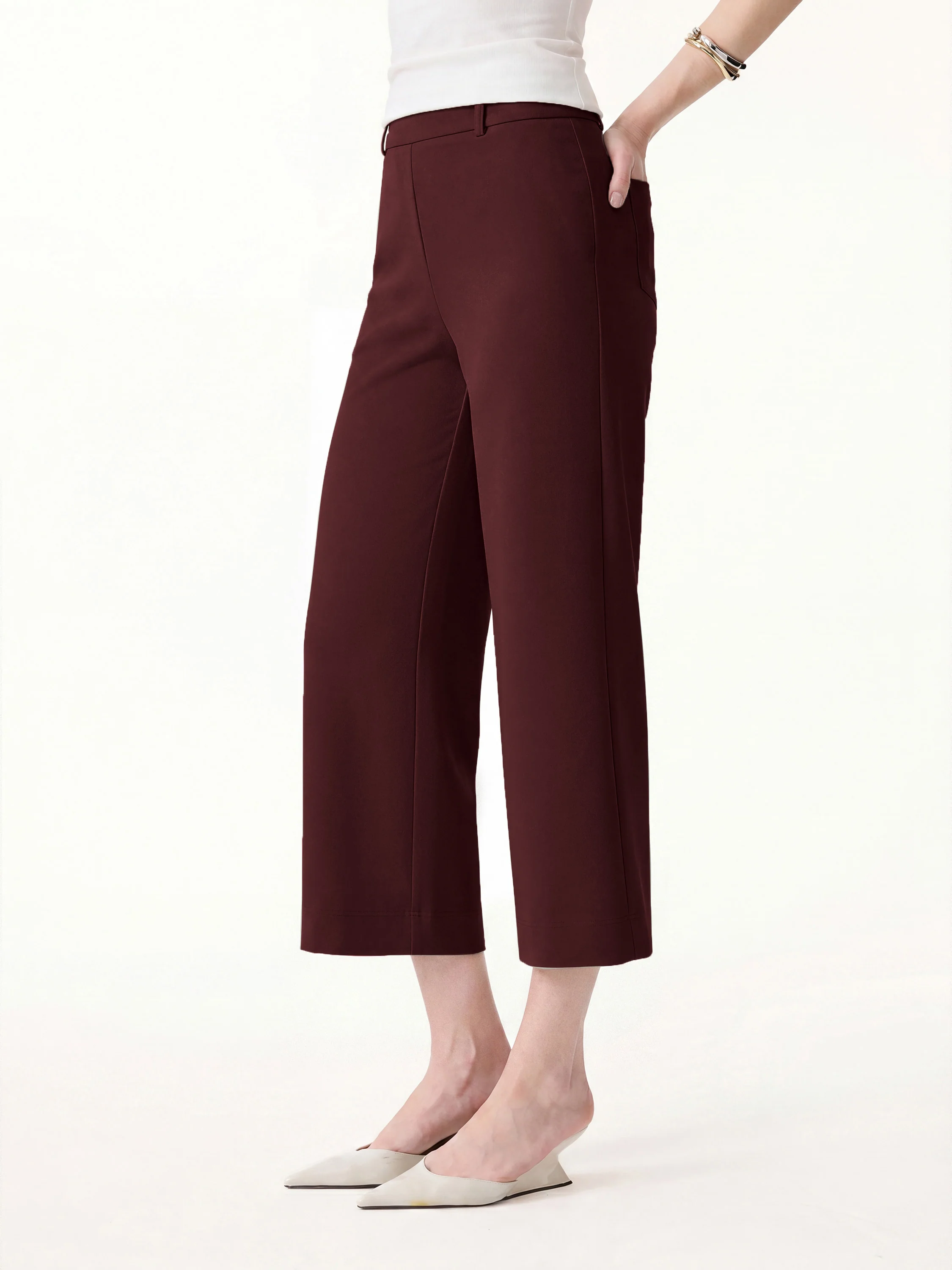 Not-See-Thru Mid Rise Cropped Wide Leg Pants with Pockets - Image 16
