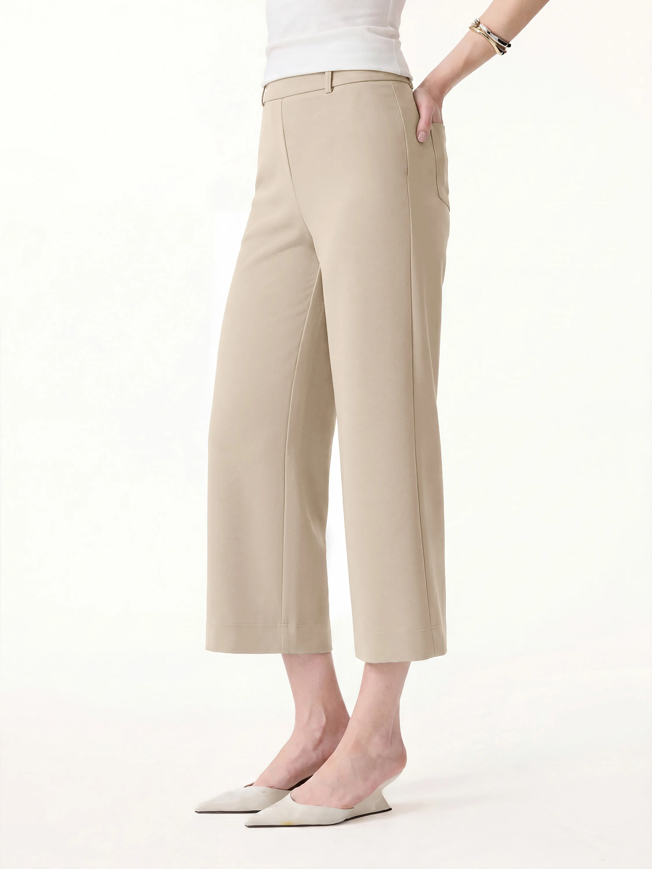 Not-See-Thru Mid Rise Cropped Wide Leg Pants with Pockets - Image 9