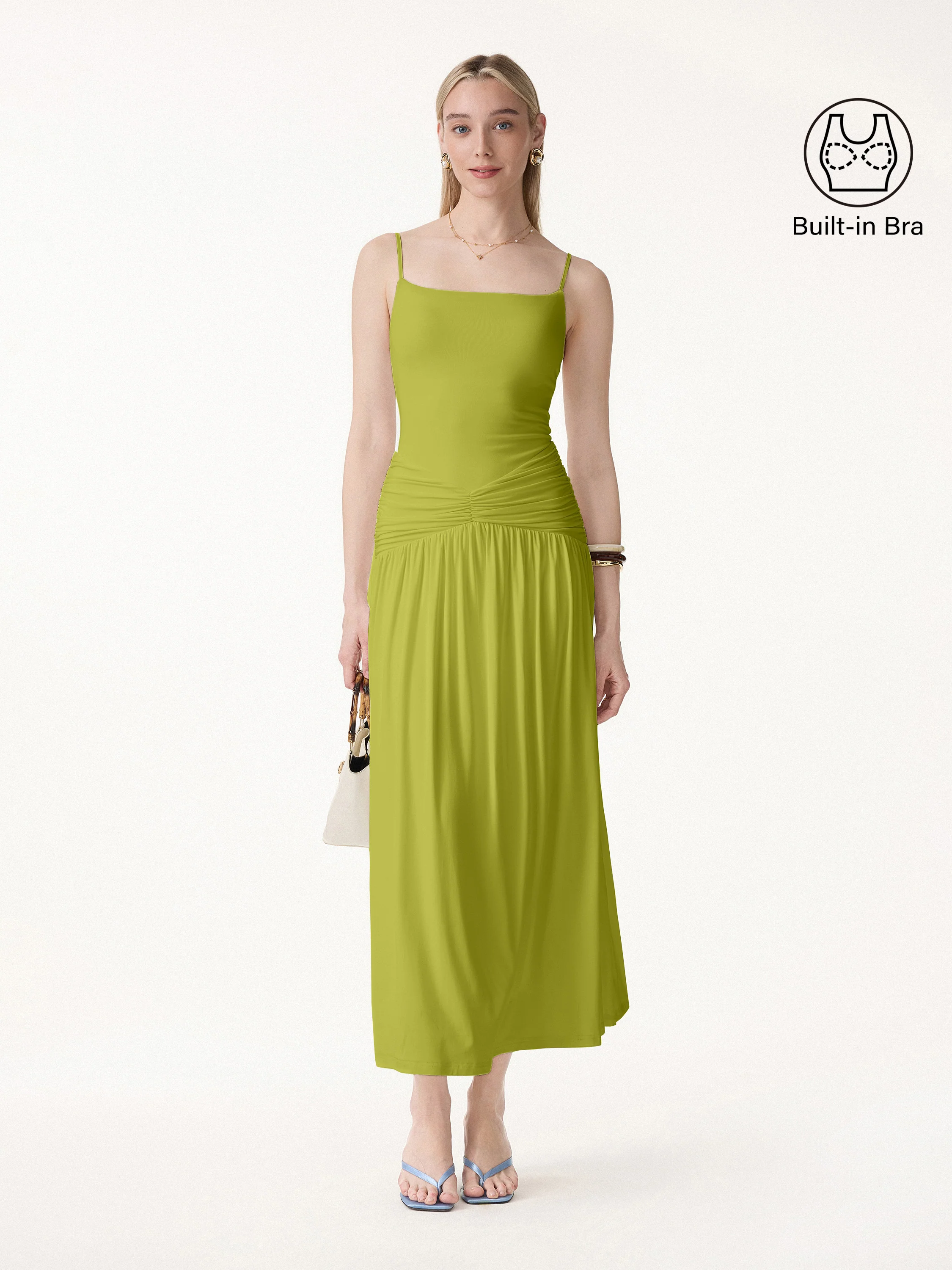 Not-See-Thru Spaghetti Gathered Maxi Bra Dress