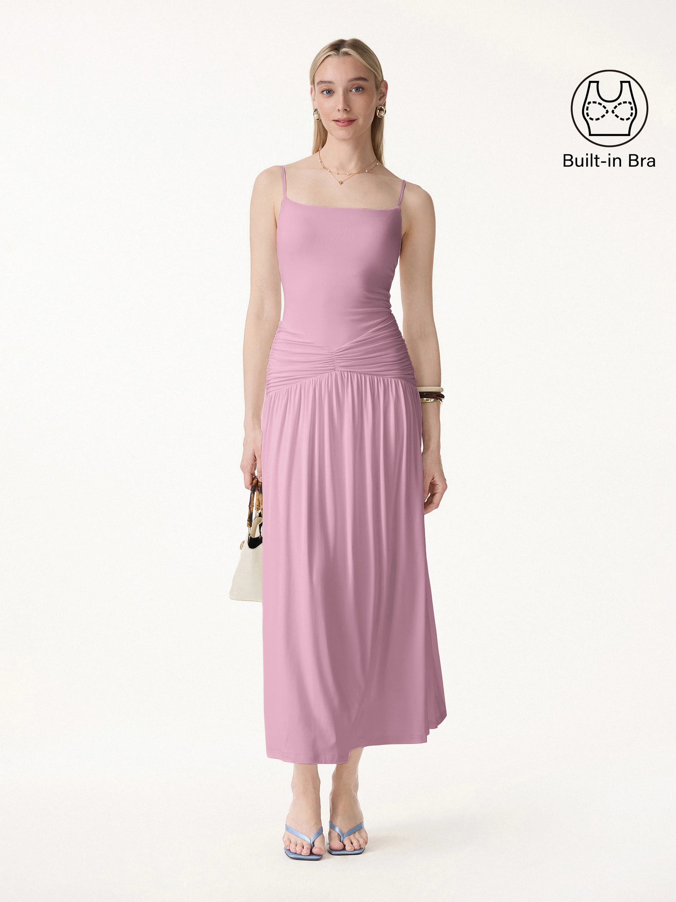 Not-See-Thru Spaghetti Gathered Maxi Bra Dress - Image 14