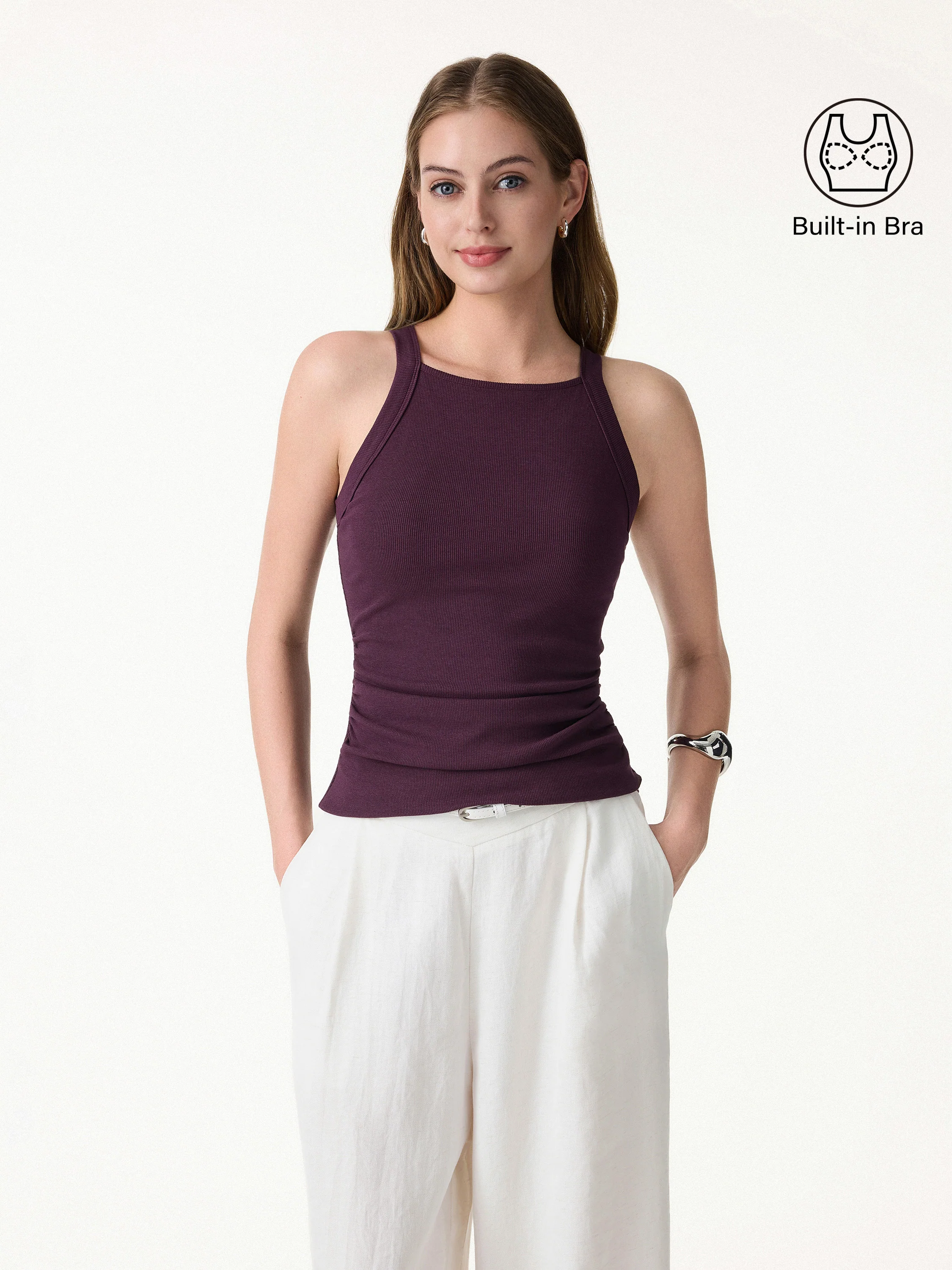 Plantive Chic Square Neck Ruched Rib Bra Tank - Image 3