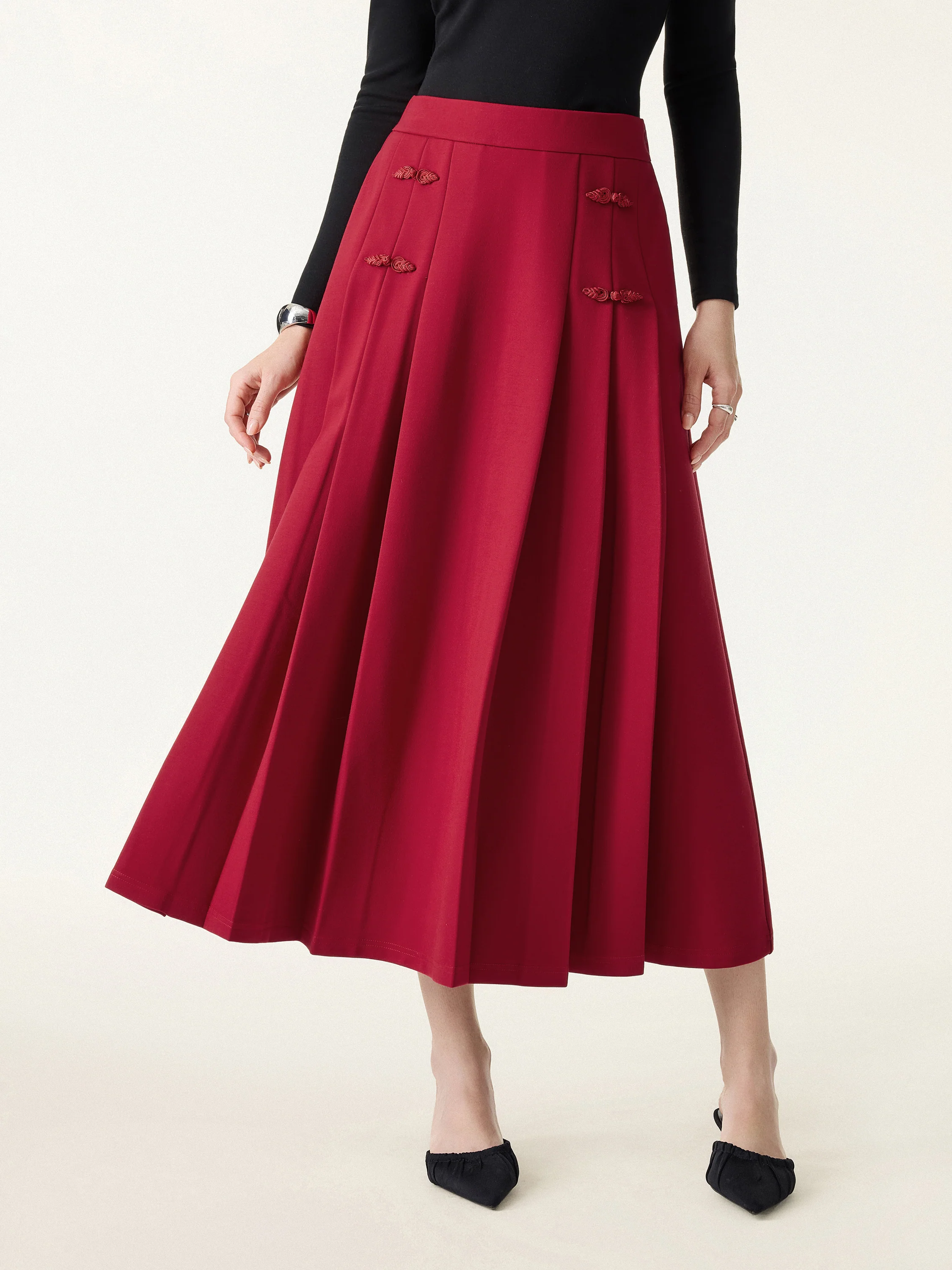 Pleated Frog Button Decor Midi A-line Skirt Limited Edition - Image 2