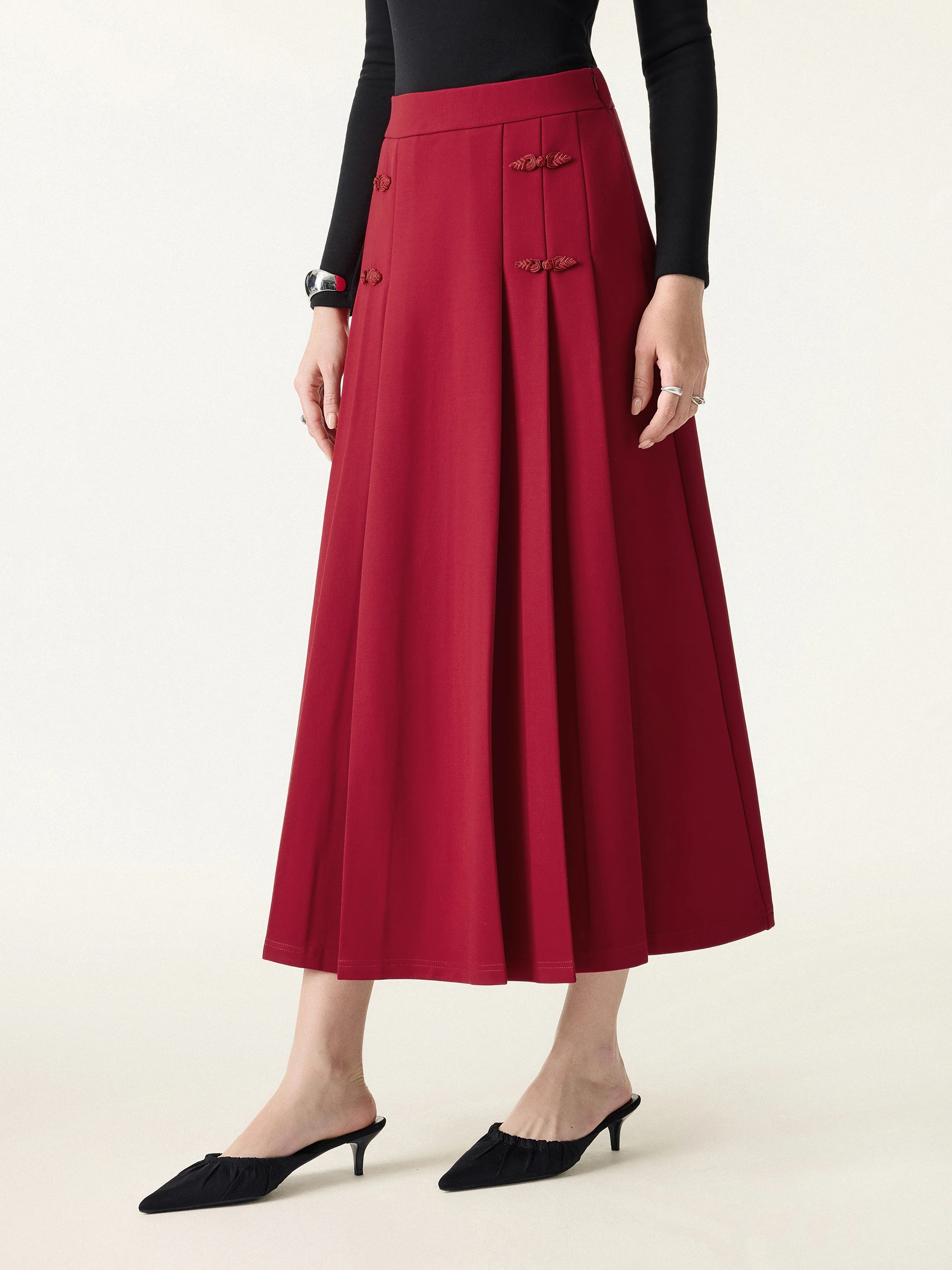 Pleated Frog Button Decor Midi A-line Skirt Limited Edition - Image 3