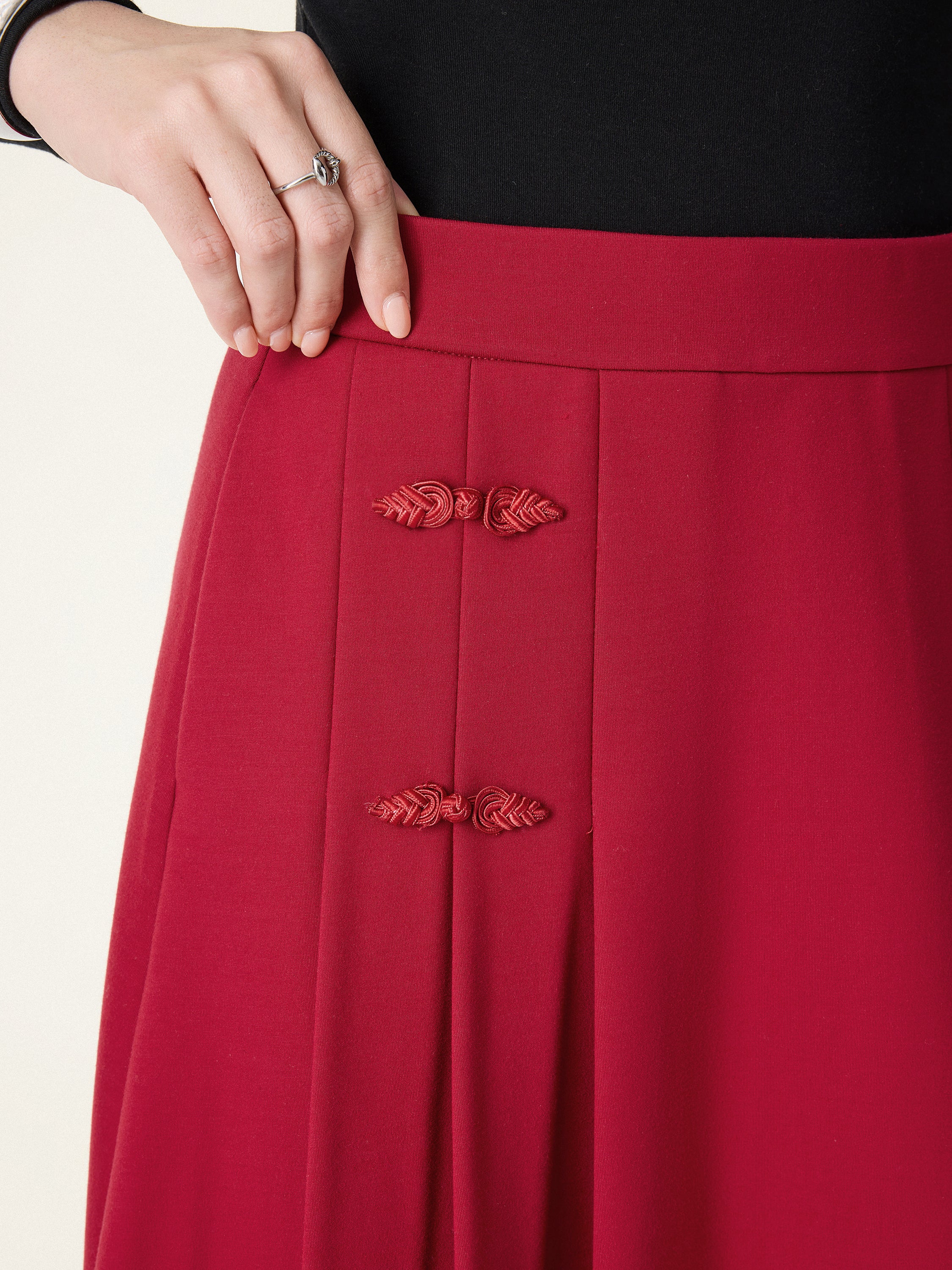 Pleated Frog Button Decor Midi A-line Skirt Limited Edition - Image 5