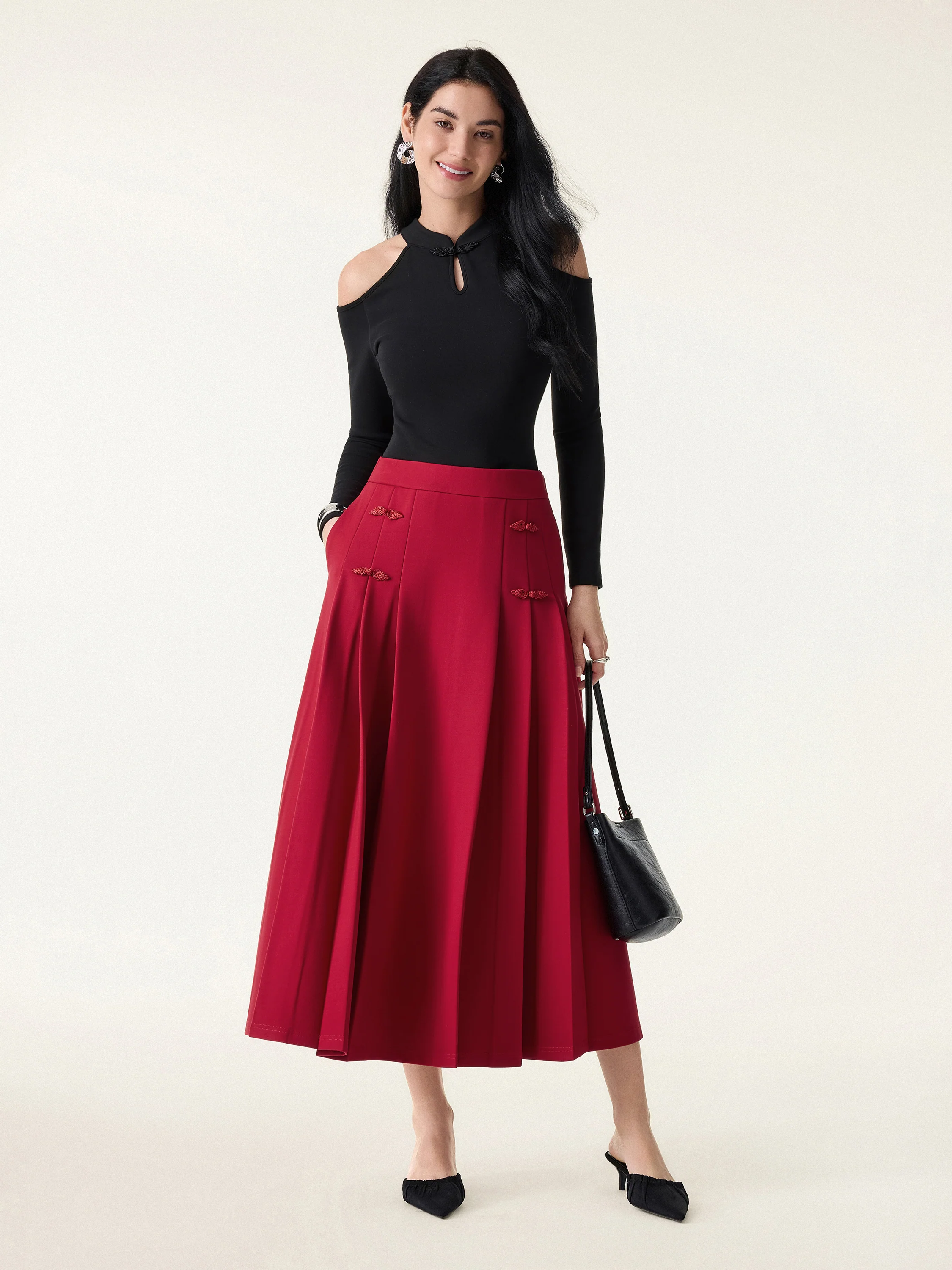 Pleated Frog Button Decor Midi A-line Skirt Limited Edition - Image 8