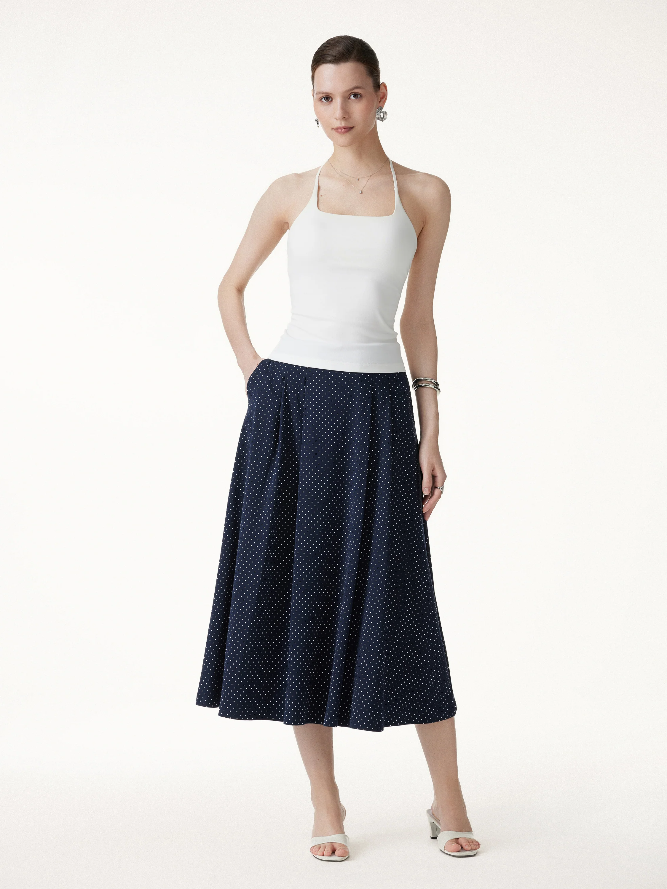 Polka Dots Flared Midi Skirt with Pockets - Image 2