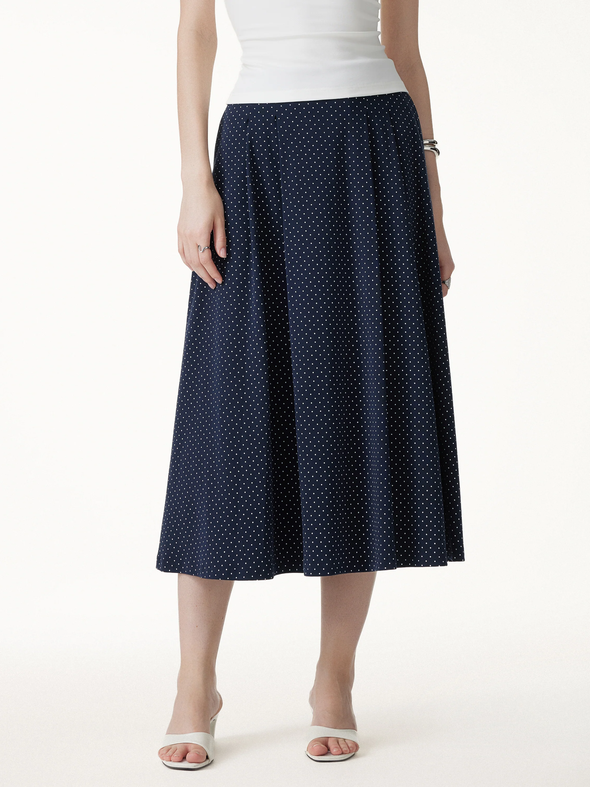 Polka Dots Flared Midi Skirt with Pockets - Image 3