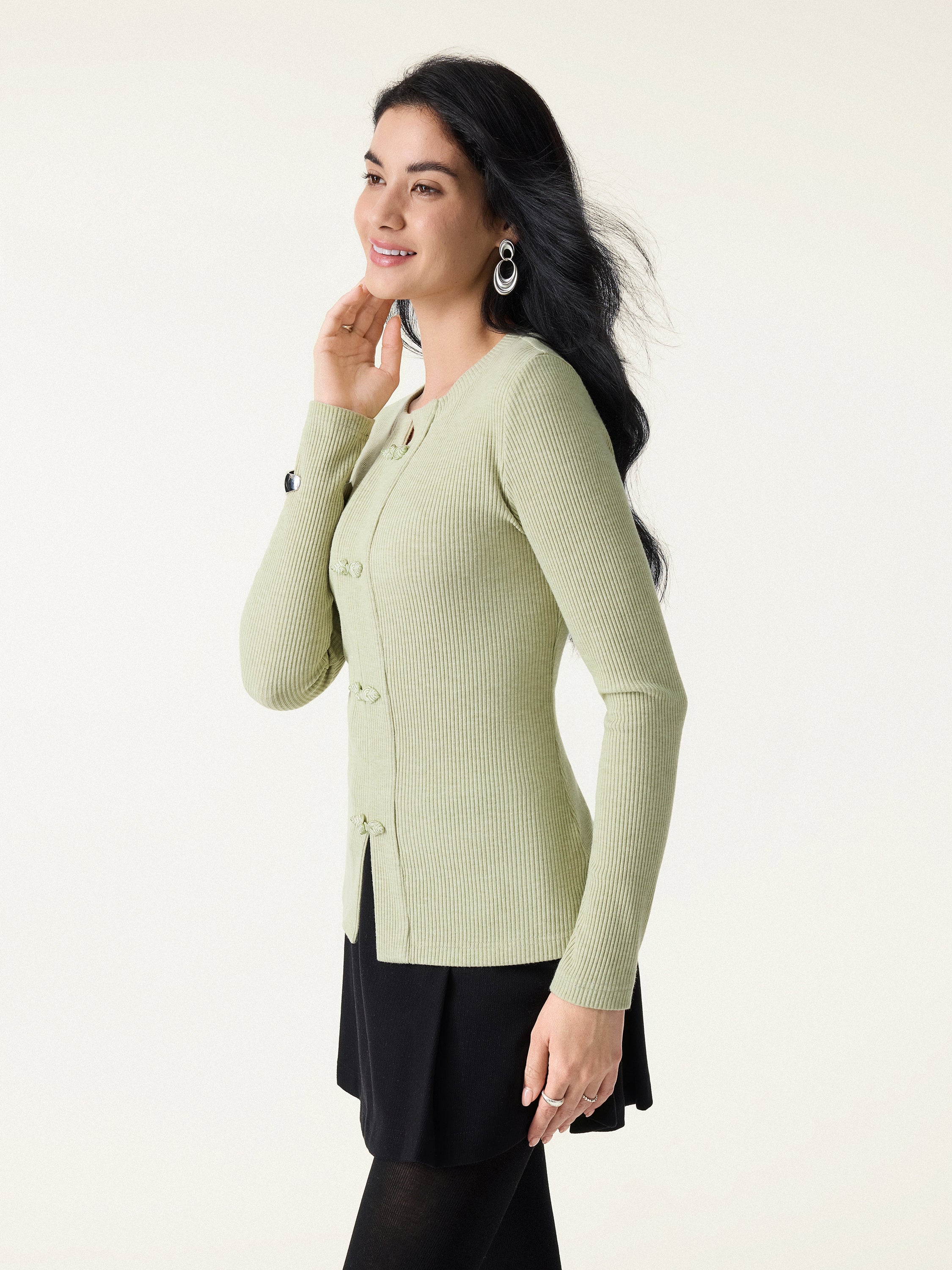 Ribbed Frog Button Round Neck Long Sleeve Top Limited Edition - Image 3