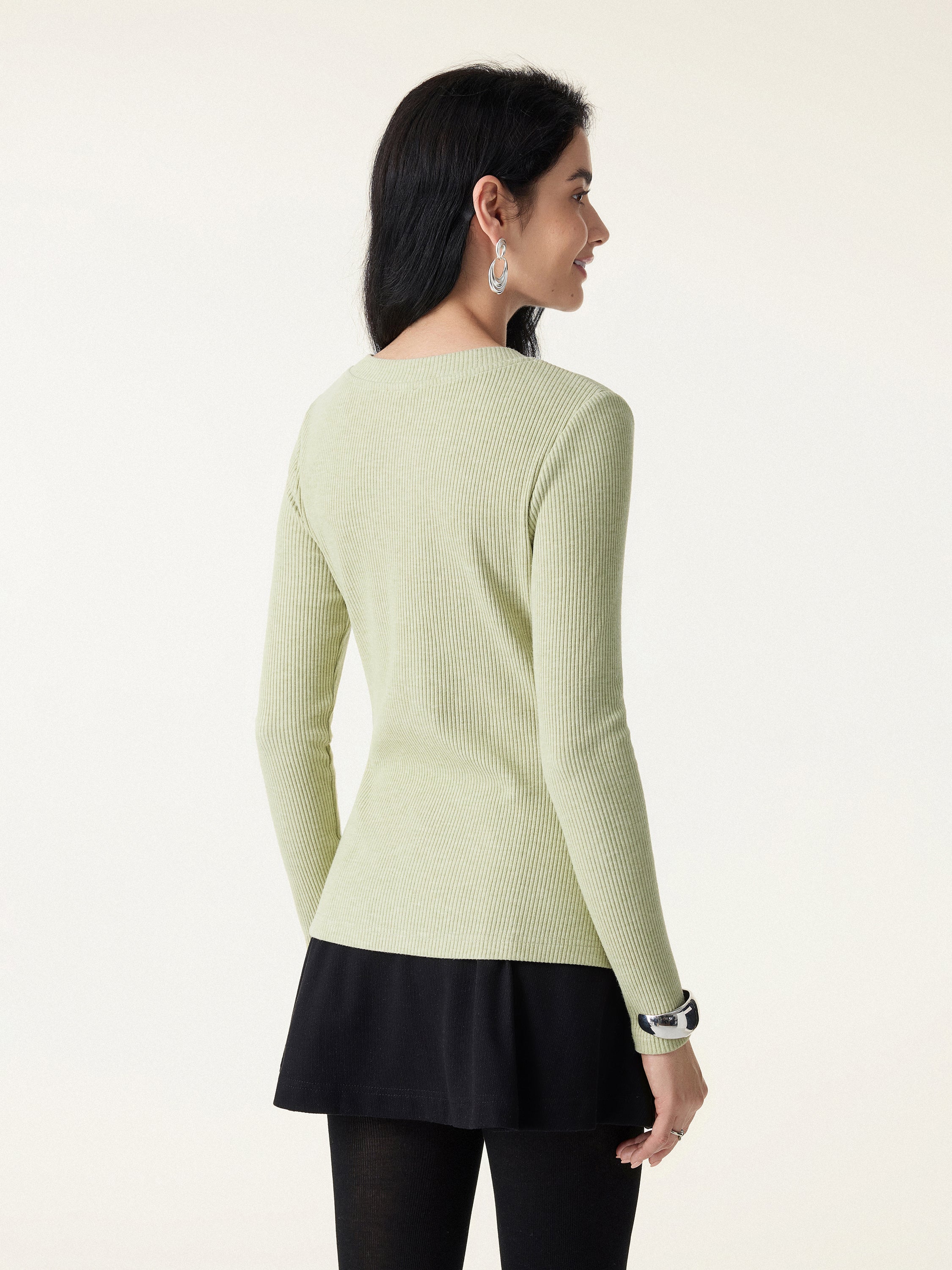 Ribbed Frog Button Round Neck Long Sleeve Top Limited Edition - Image 4