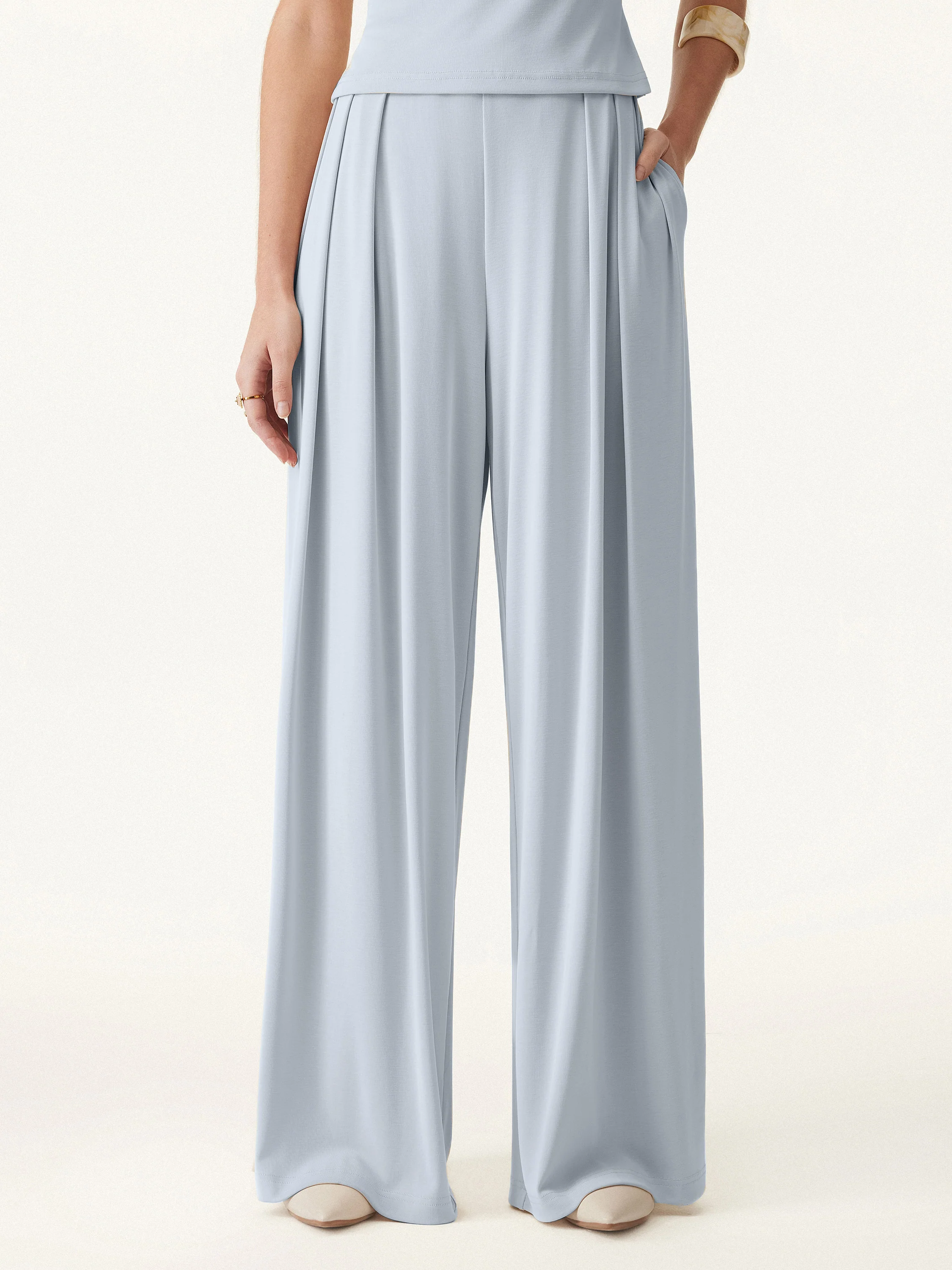 Sandwashed Mid Rise Pleated Wide Leg Palazzo Pant with Pockets - Image 8