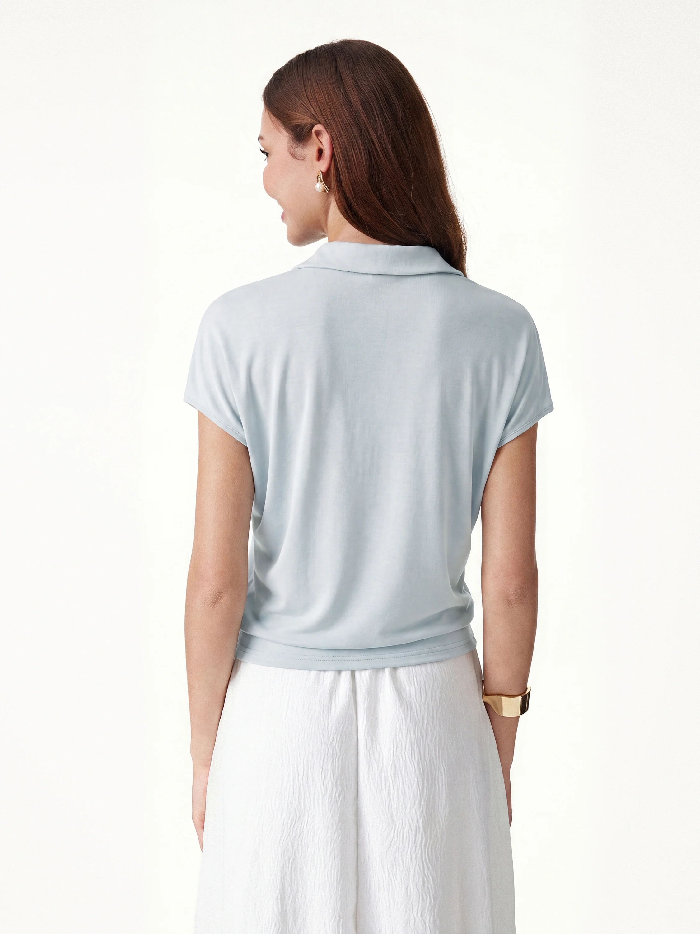 Sandwashed Modal Polo Neck Cap Sleeve Top - Image 4