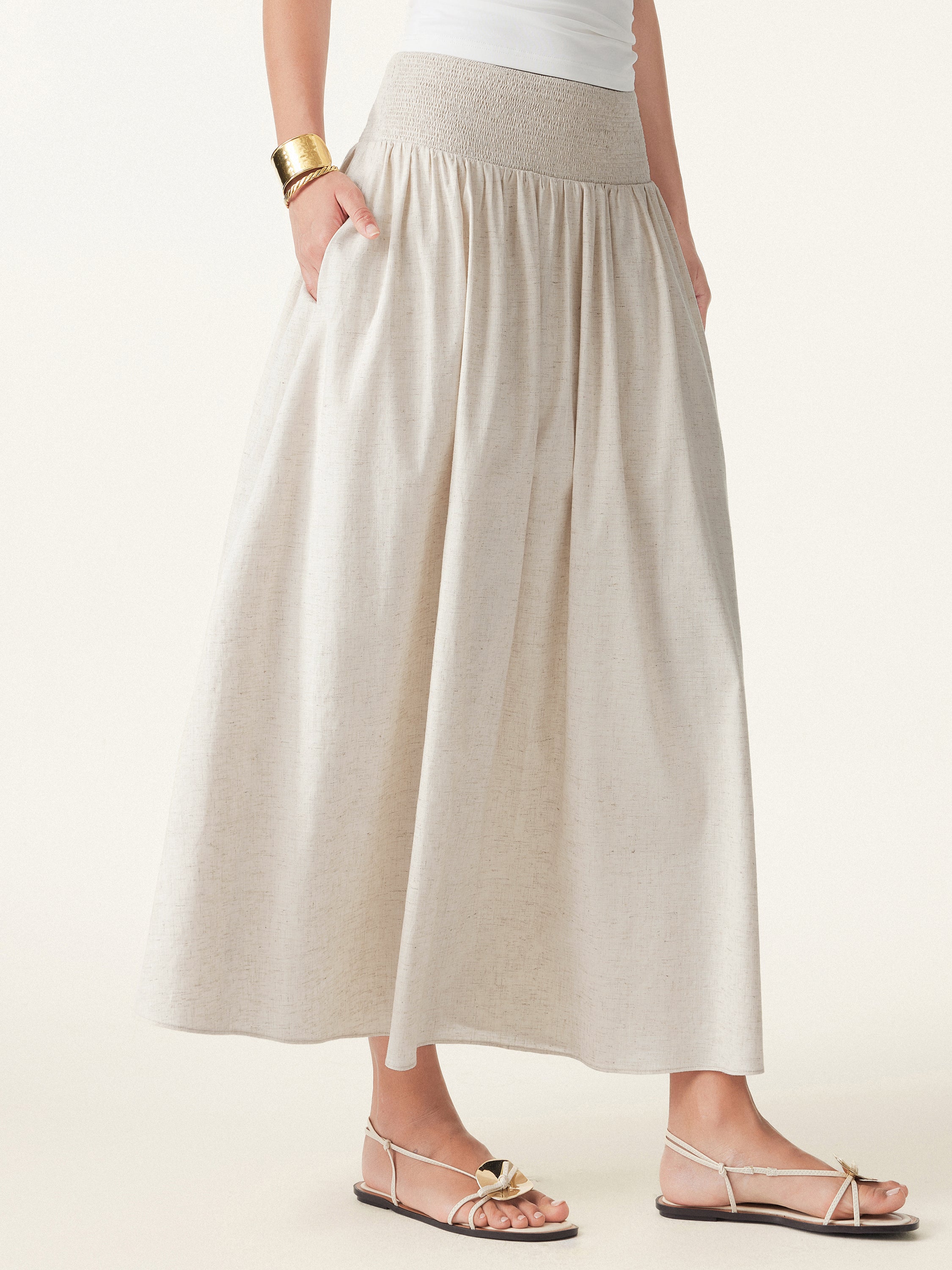 European Linen Smocked Waist Skirt with Pockets - Image 3