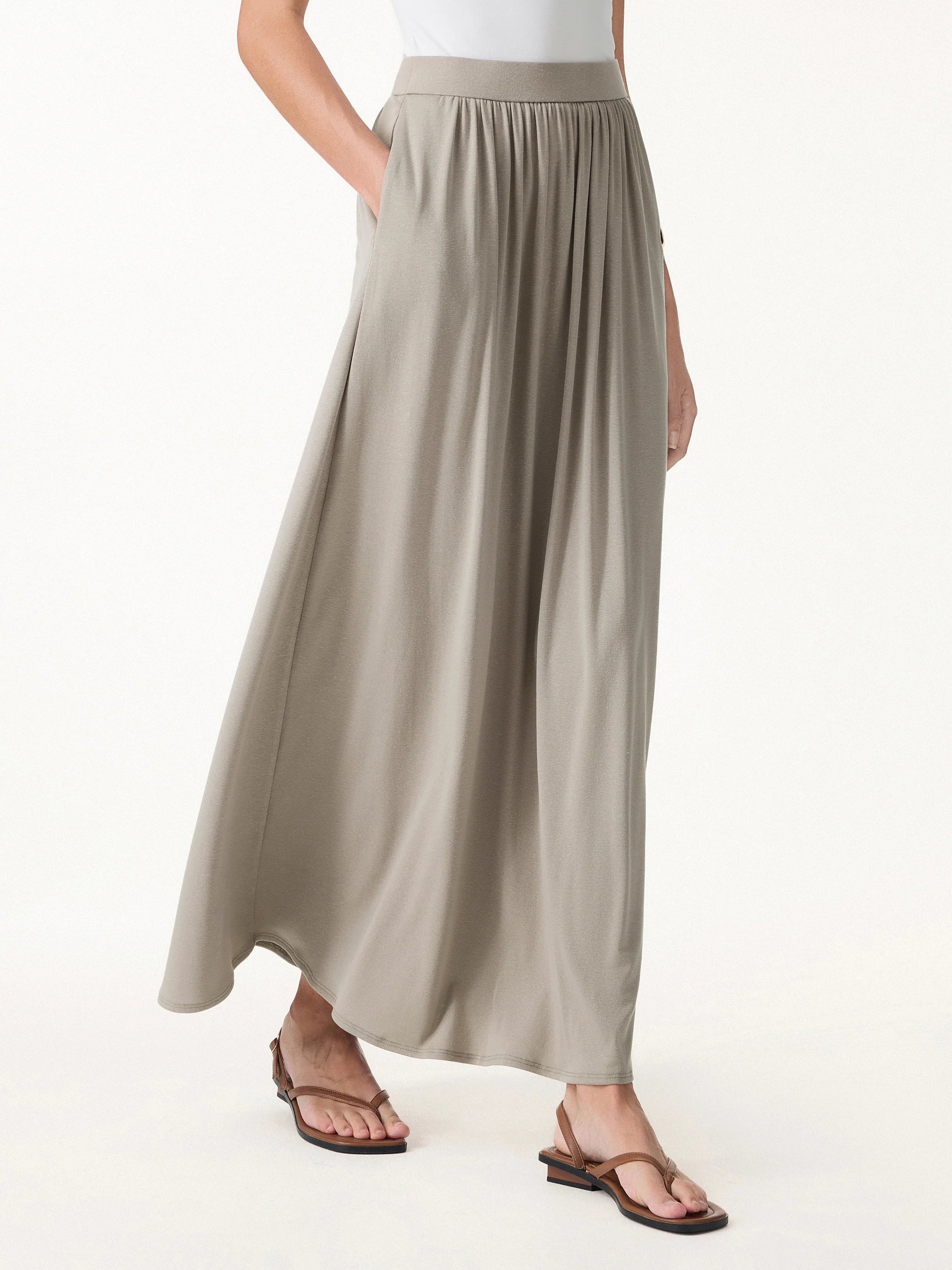 Soft Linen Knit Gathered A-Line Maxi Skirt with Pockets