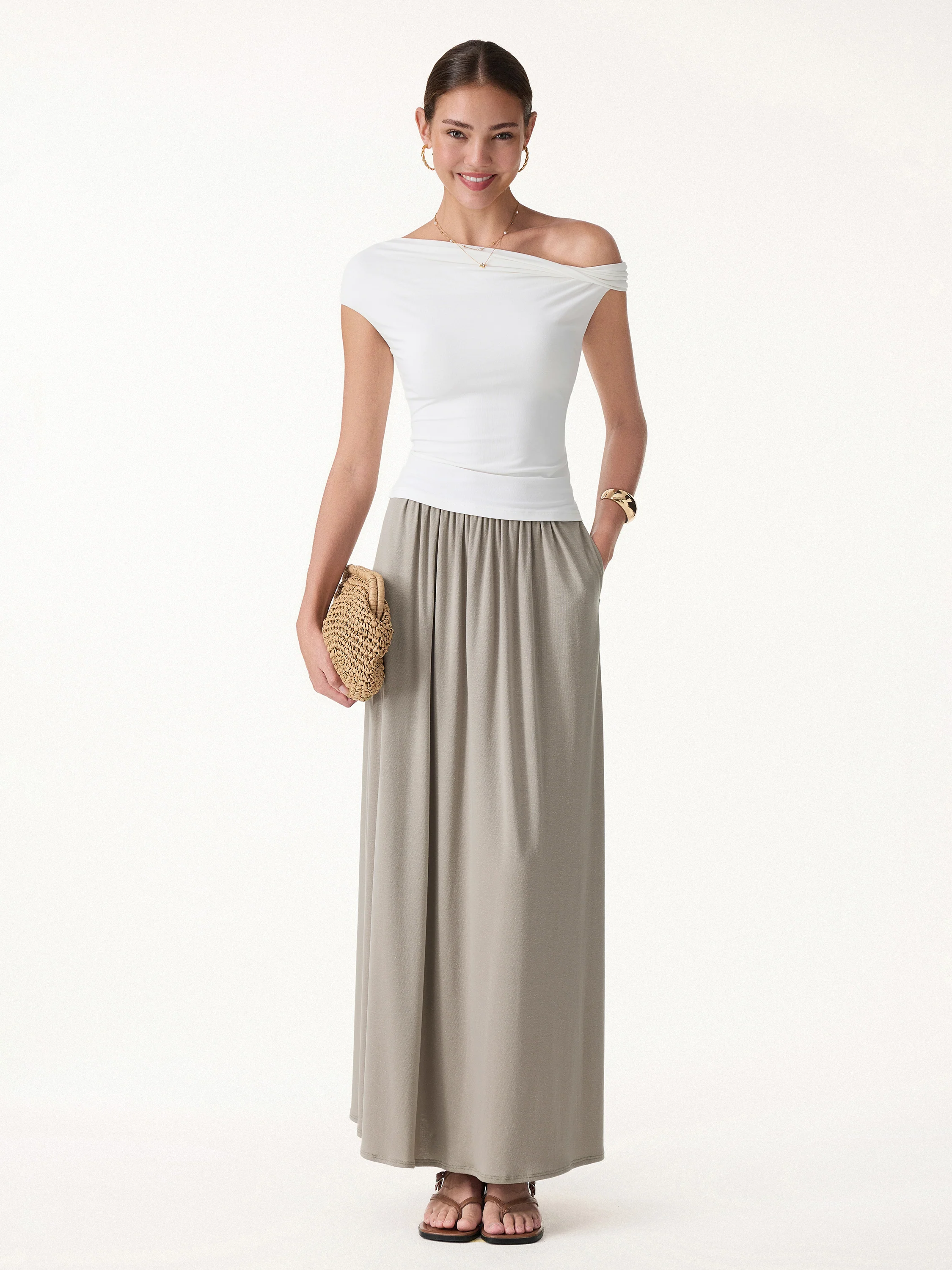 Soft Linen Knit Gathered A-Line Maxi Skirt with Pockets - Image 2