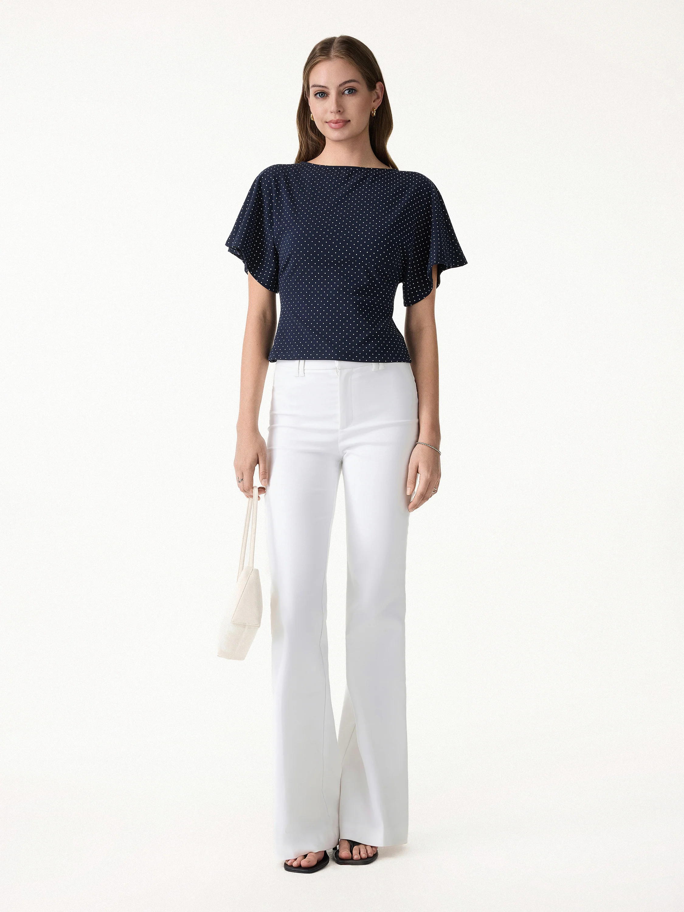 Soft Stretch Cotton Boatneck Flutter Sleeves Polka Dot Top Limited Edition - Image 2